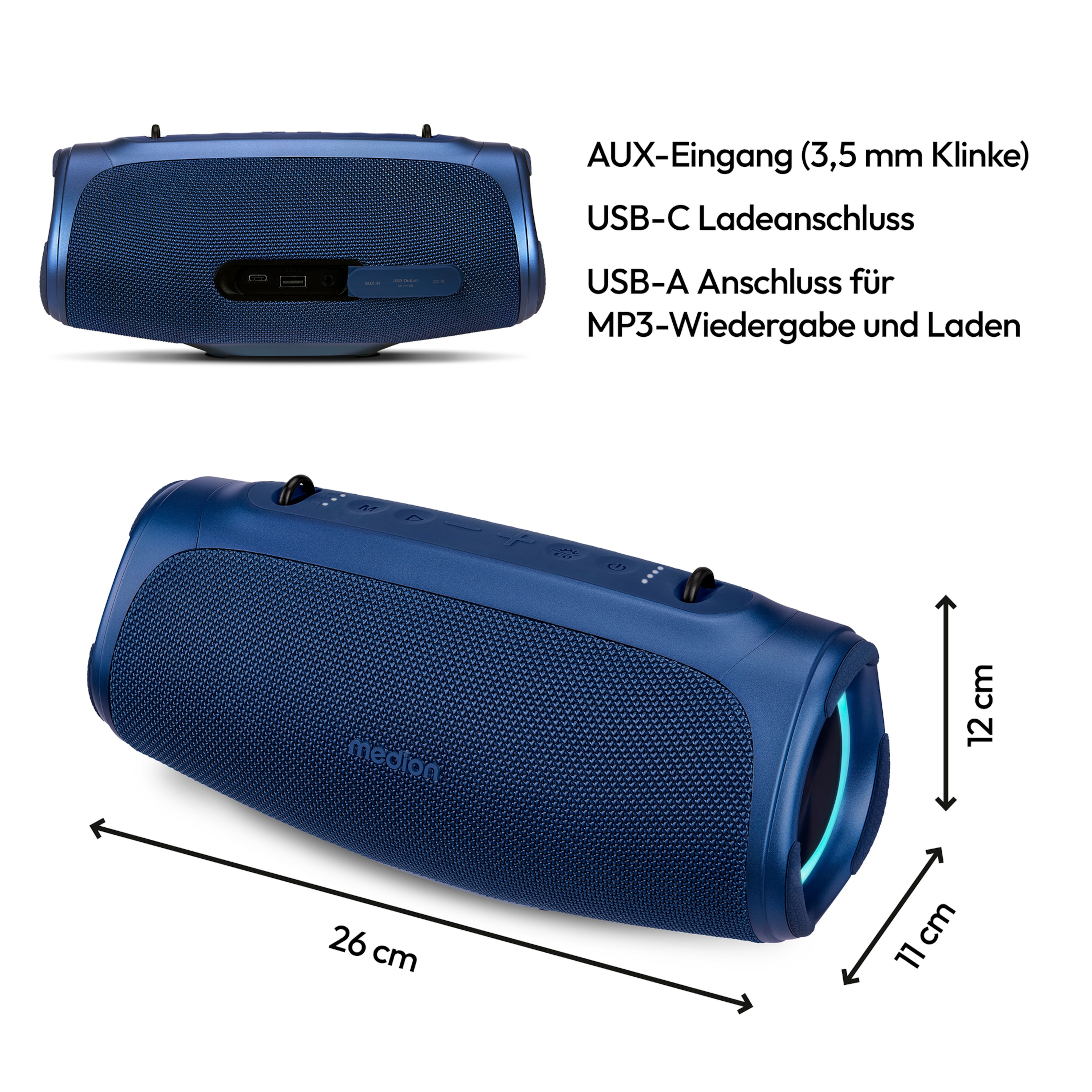 MEDION® LIFE® P61746 Tragbarer Bluetooth® Lautsprecher M, Dual Illuminated (RGB-Lichteffekte), Bluetooth® 5.3, integrierter Akku mit bis zu 42 Stunden Laufzeit, robustes & mobiles Design, 2 x 15 W RMS
