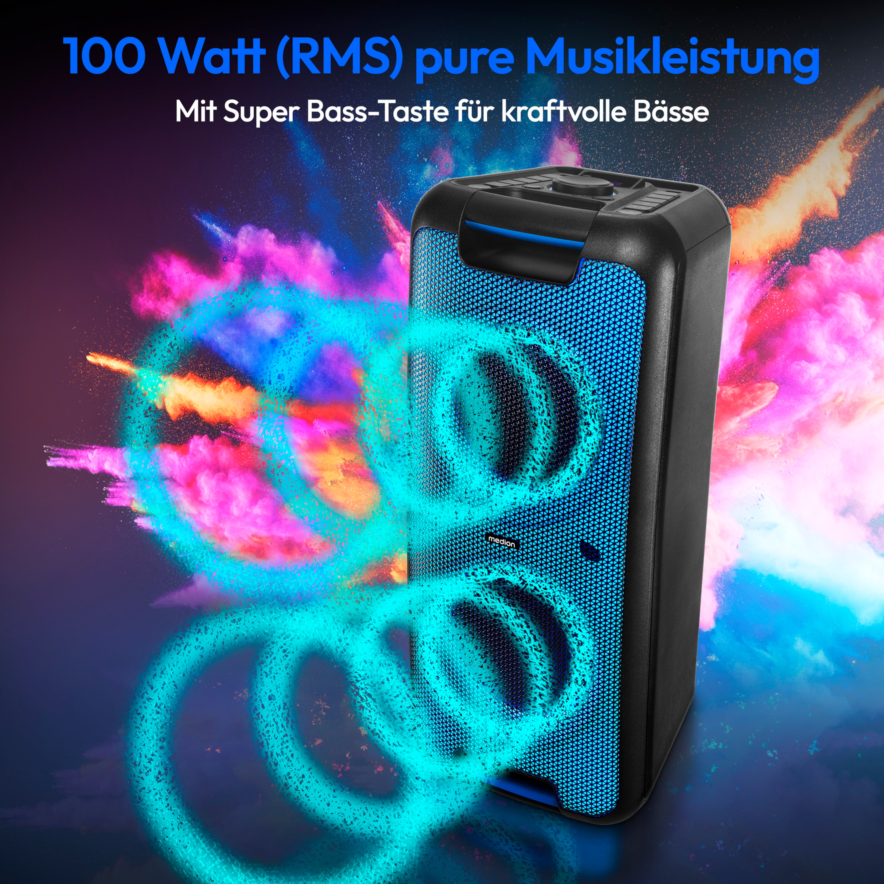MEDION® LIFE® PX-1 Plus Partylautsprecher, tragbares Bluetooth® Soundsystem, verschiedene Lichteffekte, satter Sound, True Wireless Stereo Funktion, 2 x 50 W RMS