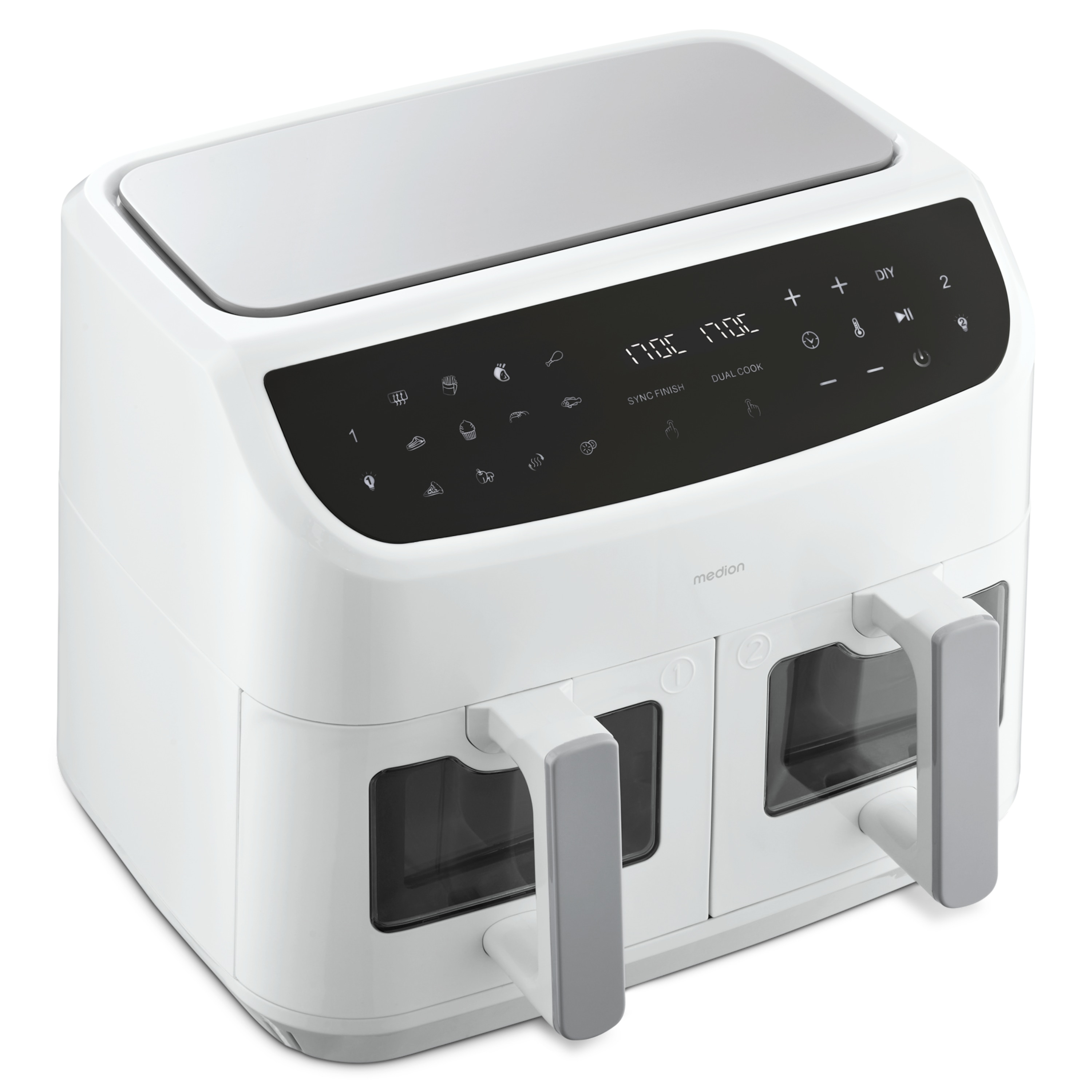 MEDION® LIFE® P20 XXL Twin Doppelzonen-Heißluftfritteuse MD 11760, 100 Rezepte in der Life+ App, 2 separate Garzonen, 9 Automatikprogramme, 8,7 L Gesamt-Nutzinhalt, 2.600 Watt, Temperatur einstellbar bis 200 °C