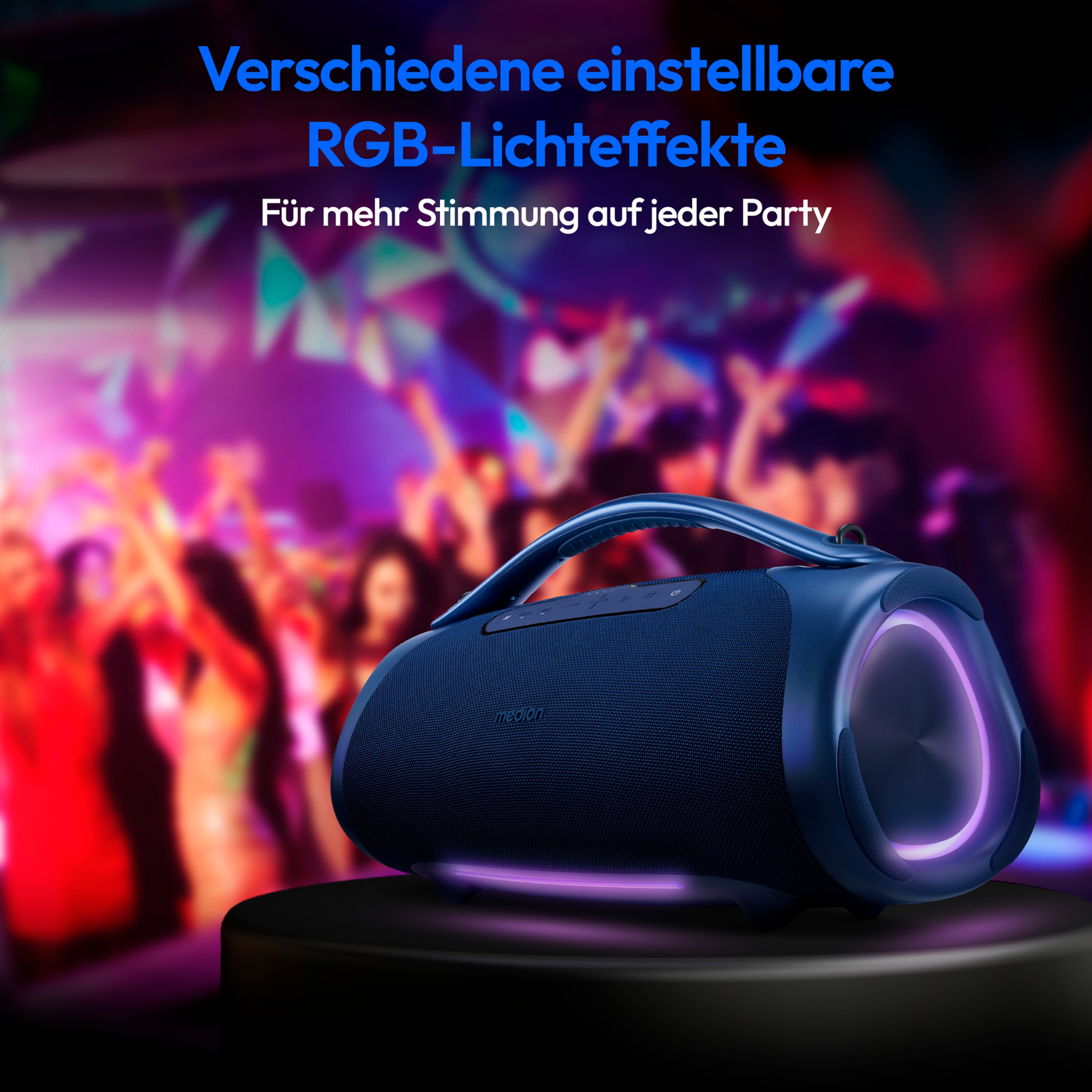 MEDION® LIFE® P61768 Tragbarer Bluetooth® Lautsprecher XL, Dual Illuminated & Lightstrip (RGB-Lichteffekte), Bluetooth® 5.3, integrierter Akku mit bis zu 30 Stunden Laufzeit, robustes & mobiles Design, 2 x 25 W + 50 W RMS