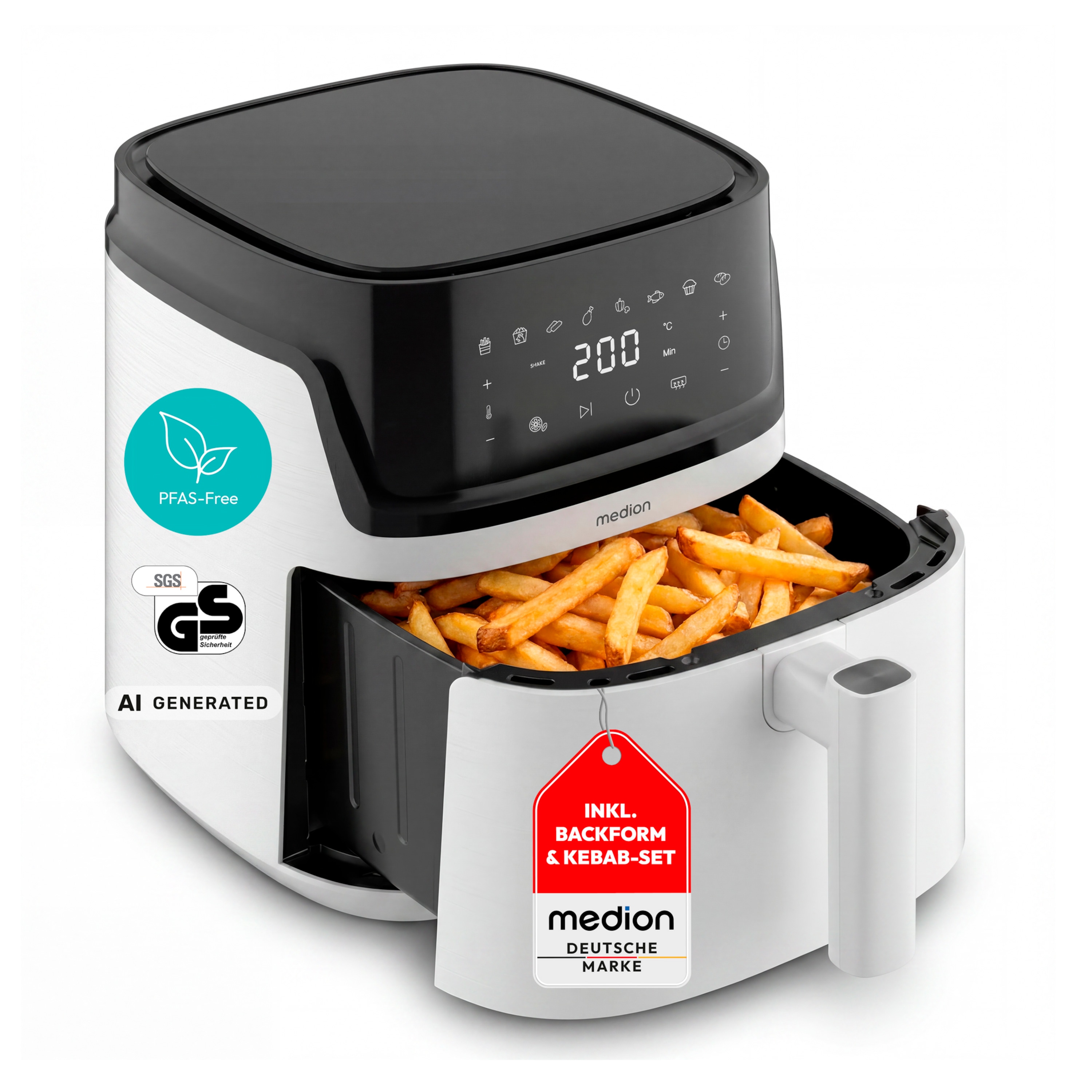 MEDION® LIFE® P15 XL Heißluftfritteuse MD100056 weiß, 7,2 L Gesamtvolumen, 9 Automatikprogramme, Edelstahl-Heizelement, digitales Sensor-Touch-Display, Temperatur 40–200 °C, ILAG SP-800 Beschichtung