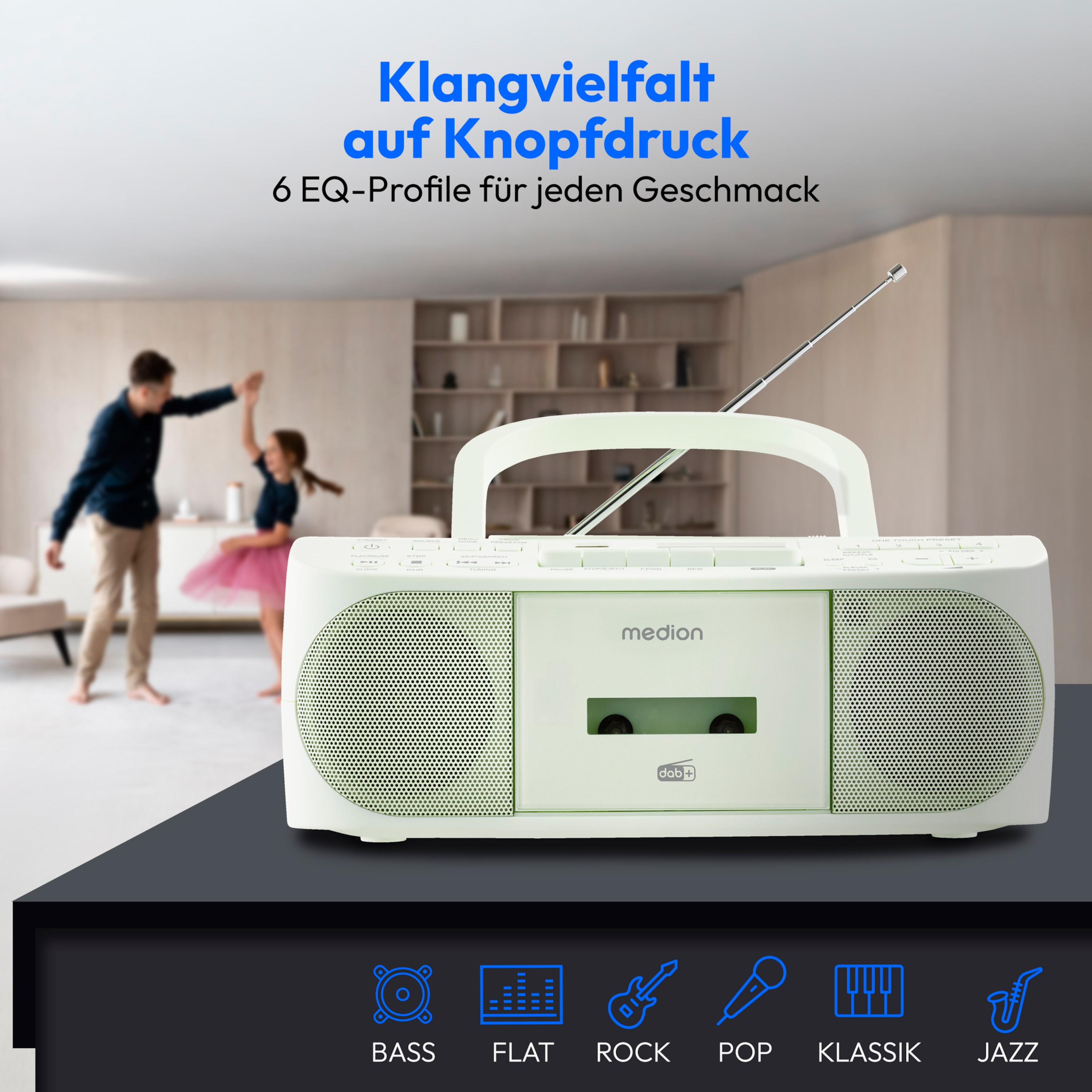 MEDION® LIFE® DRX-1 Plus Boombox, DAB+/PLL-UKW-Stereo Radio, Bluetooth® 5.4, CD-Kassetten-Radio mit MP3-Wiedergabe, USB Anschluss, CD-R/RW kompatibel, AUX-In, 2 x 3 W RMS