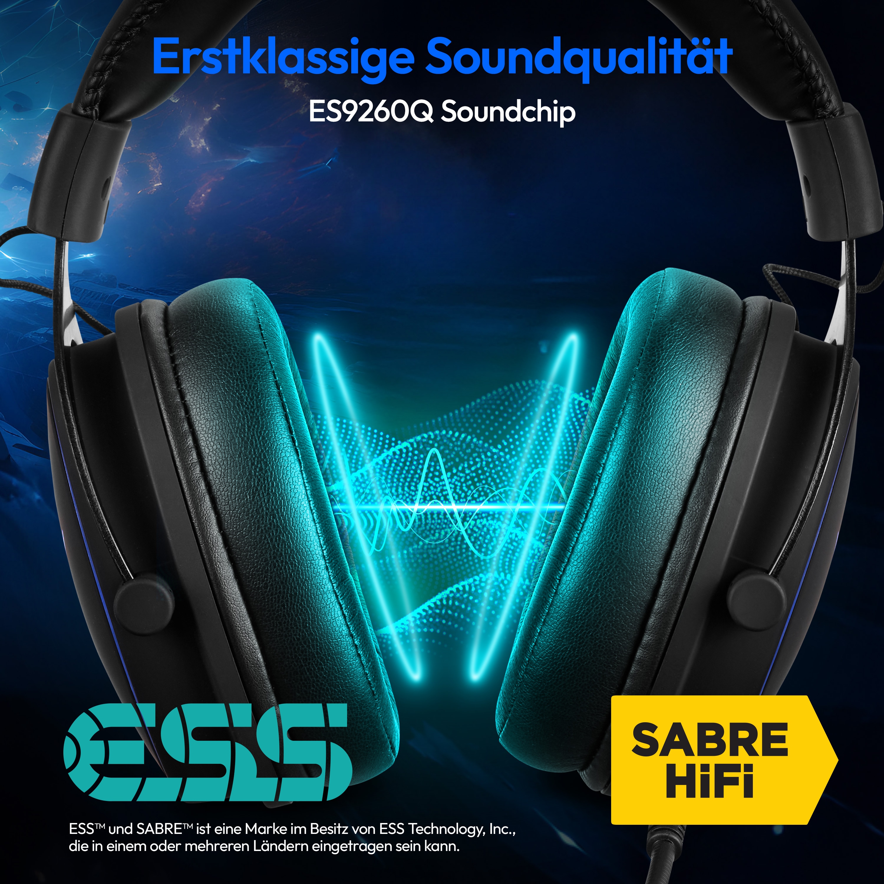 MEDION® ERAZER Mage P20 Gaming Headset, klasse Klangqualität mit ES9260Q Soundchip, flexibles & abnehmbares Mikrofon, RGB, Kabelbedienelement