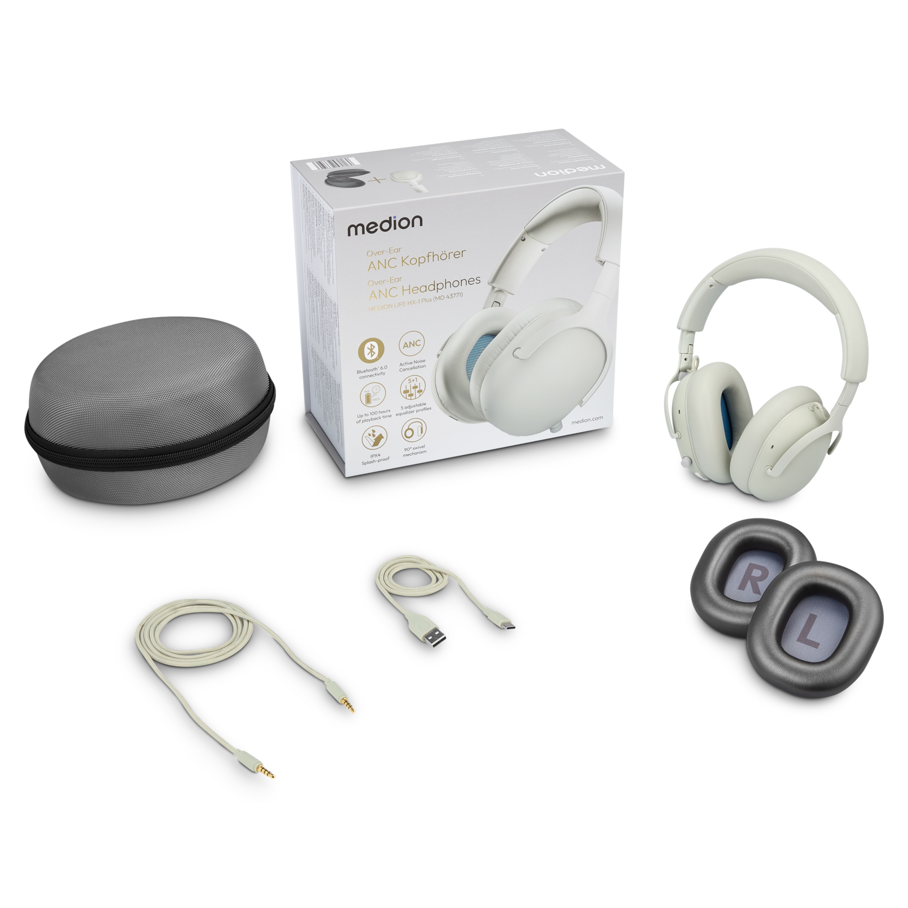 MEDION® LIFE HX-1 Plus Over Ear-Kopfhörer, bis zu 100 Stunden Akkulaufzeit, 5 EQ-Presets + 1 App-Preset, Feed Forward Noise Cancelling, Bluetooth® 6.0 wireless technology, IPX4 Spritzwasserschutz