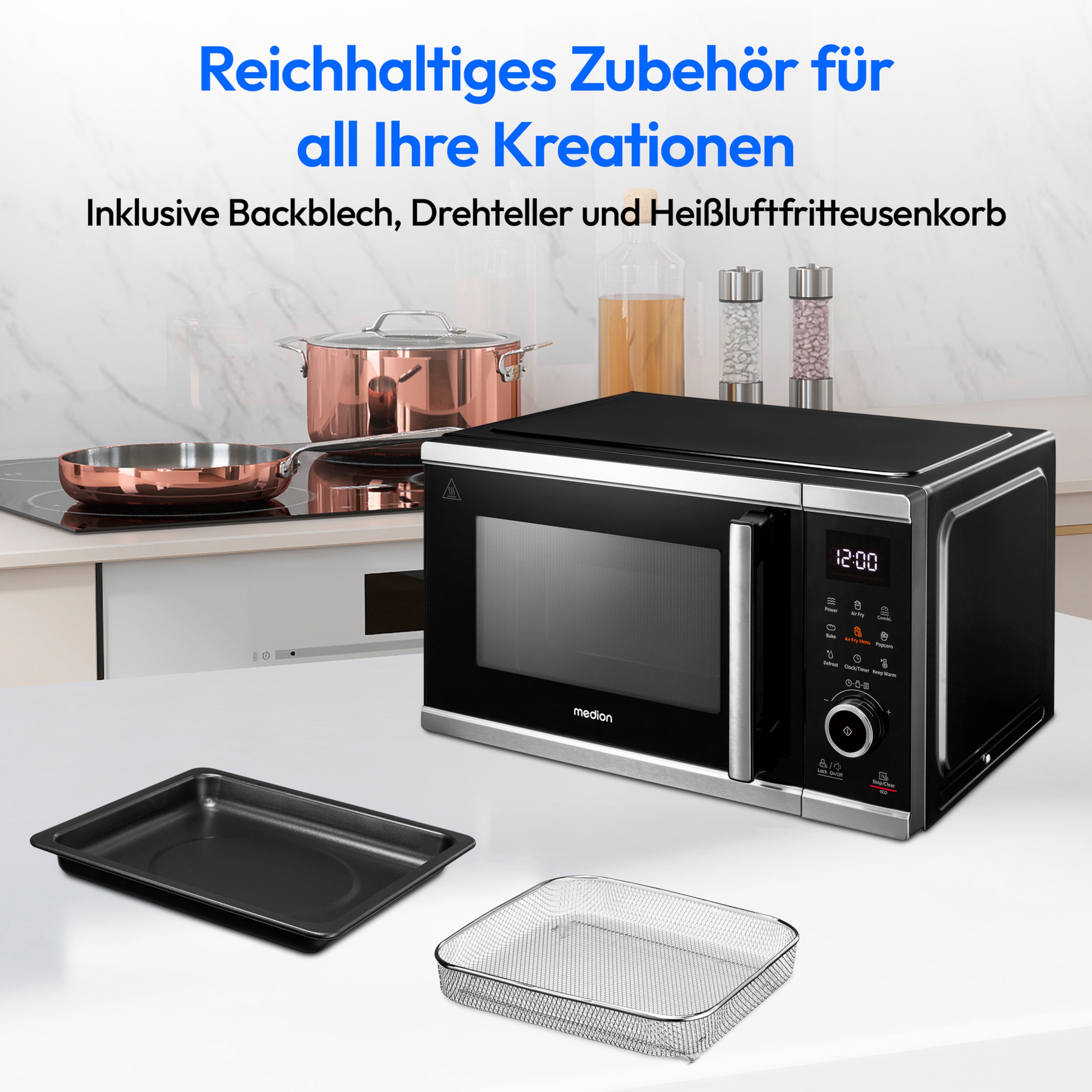 MEDION® LIFE® Mikrowelle mit Heißluft- fritteusen- funktion  MD 11499, 3in1 Mikrowelle, 25 L Garinnenraum, 900 W Mikrowellenleistung, 9 Automatikprogramme