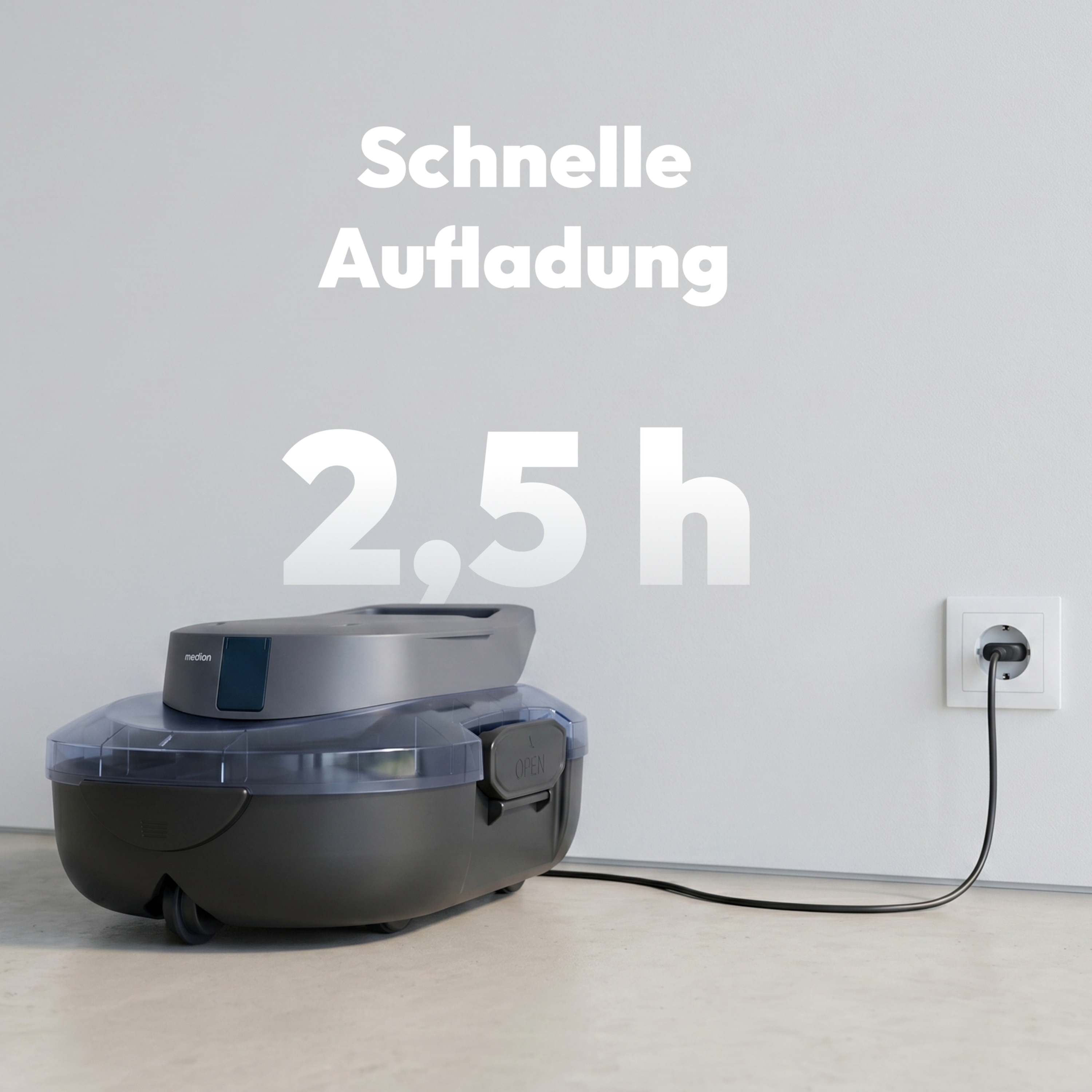 MEDION® LIFE PR1 Poolroboter (MD 100108), Bodenreinigung für Pools, One-Click-Bedienung, Selbstparkfunktion, 120 Min Akkulaufzeit, 2,2 L Filterkapazität, für 80–100 m², inkl. Ladegerät und Haken