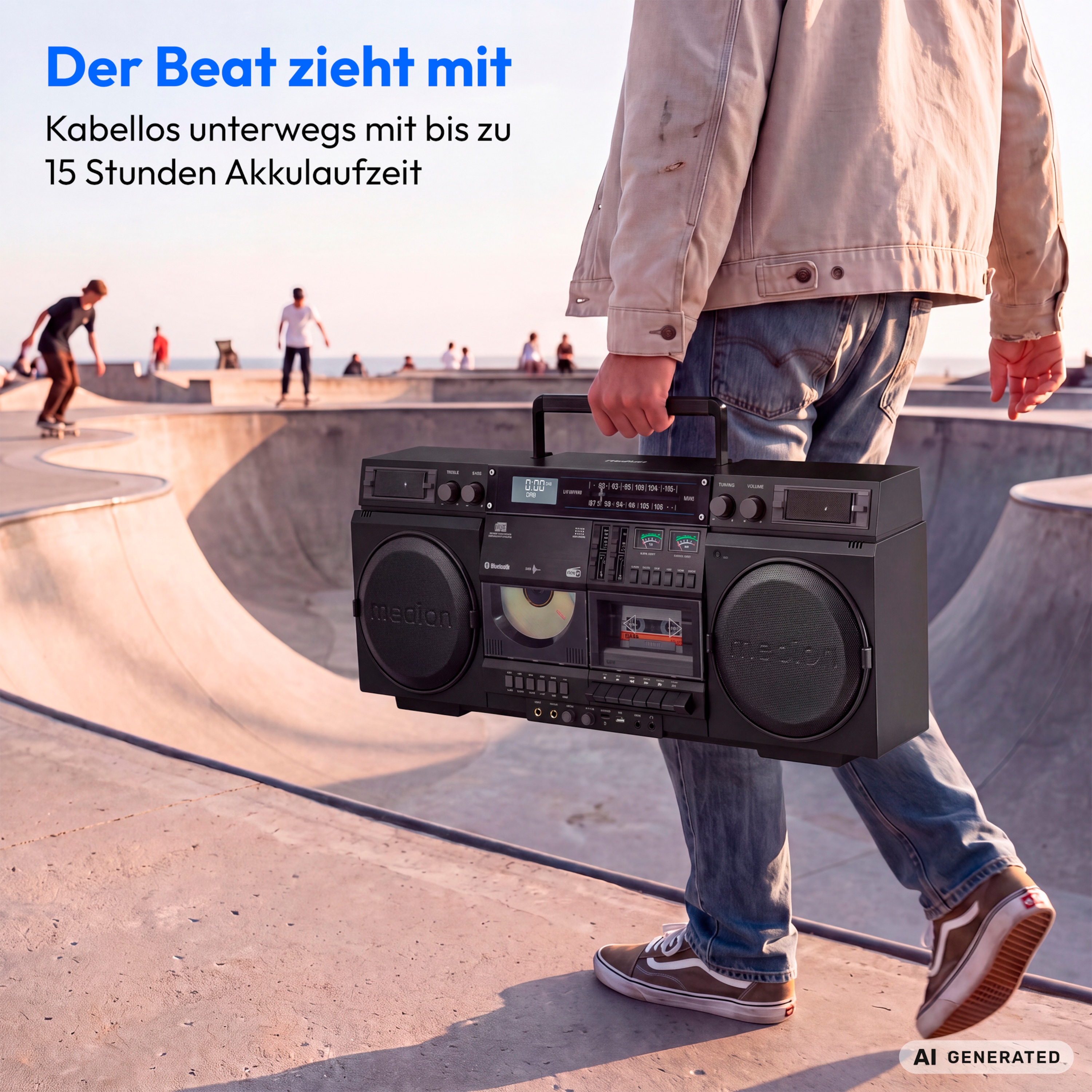 MEDION® LIFE P66538 Retro-Boombox schwarz, DAB+/PLL-UKW Radio, Bluetooth® 5.3 für das Abspielen von Smartphone & Co, CD-Player, Kassettendeck, X-Bass Funktion, 2 x 10 W RMS