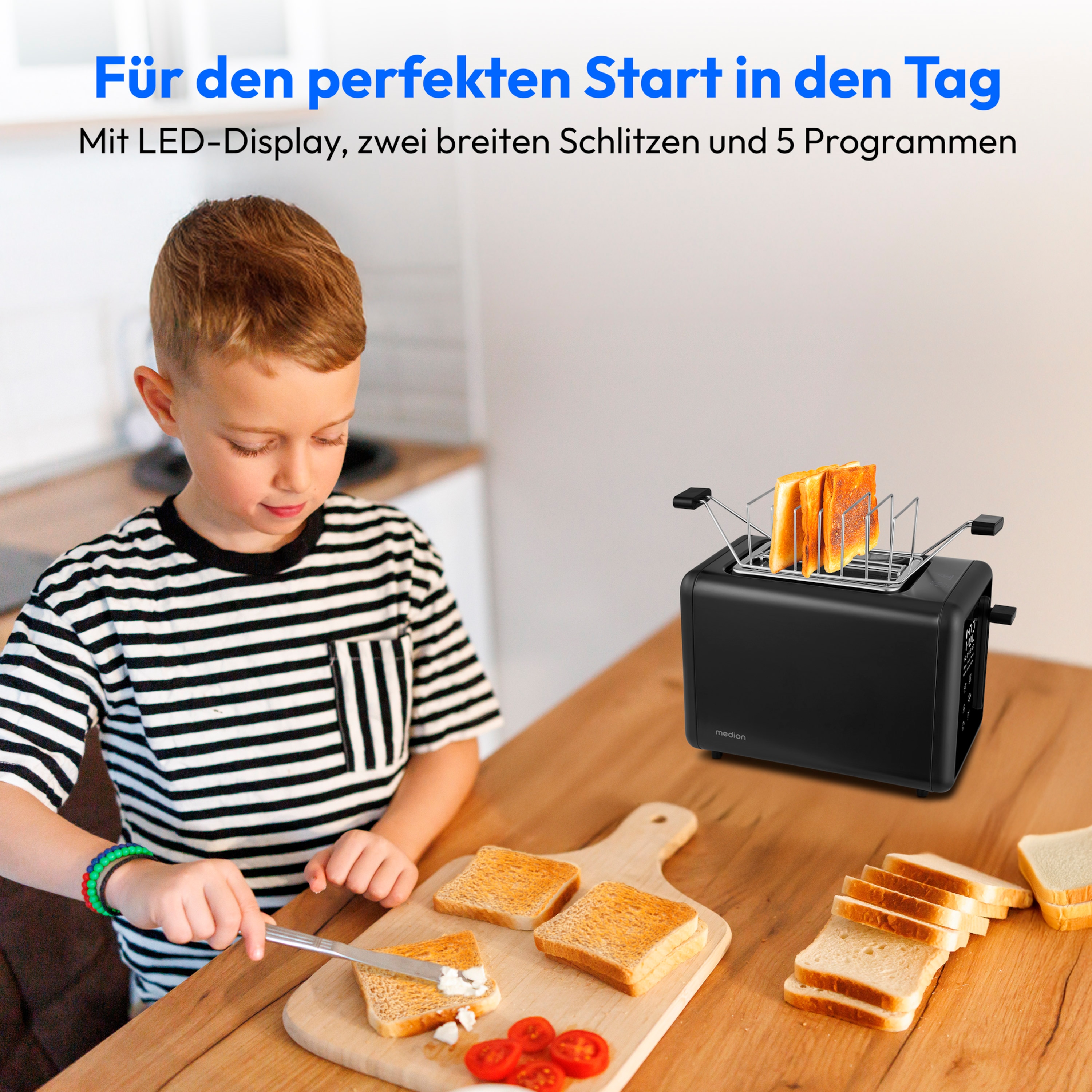 MEDION® MEDION LIFE Toaster MD12102, 2 Toastschlitze für zwei Toastscheiben, LED Sensor-Touch-Display für präzise Steuerung, 7 Bräunungsstufen und 5 Automatikprogramme