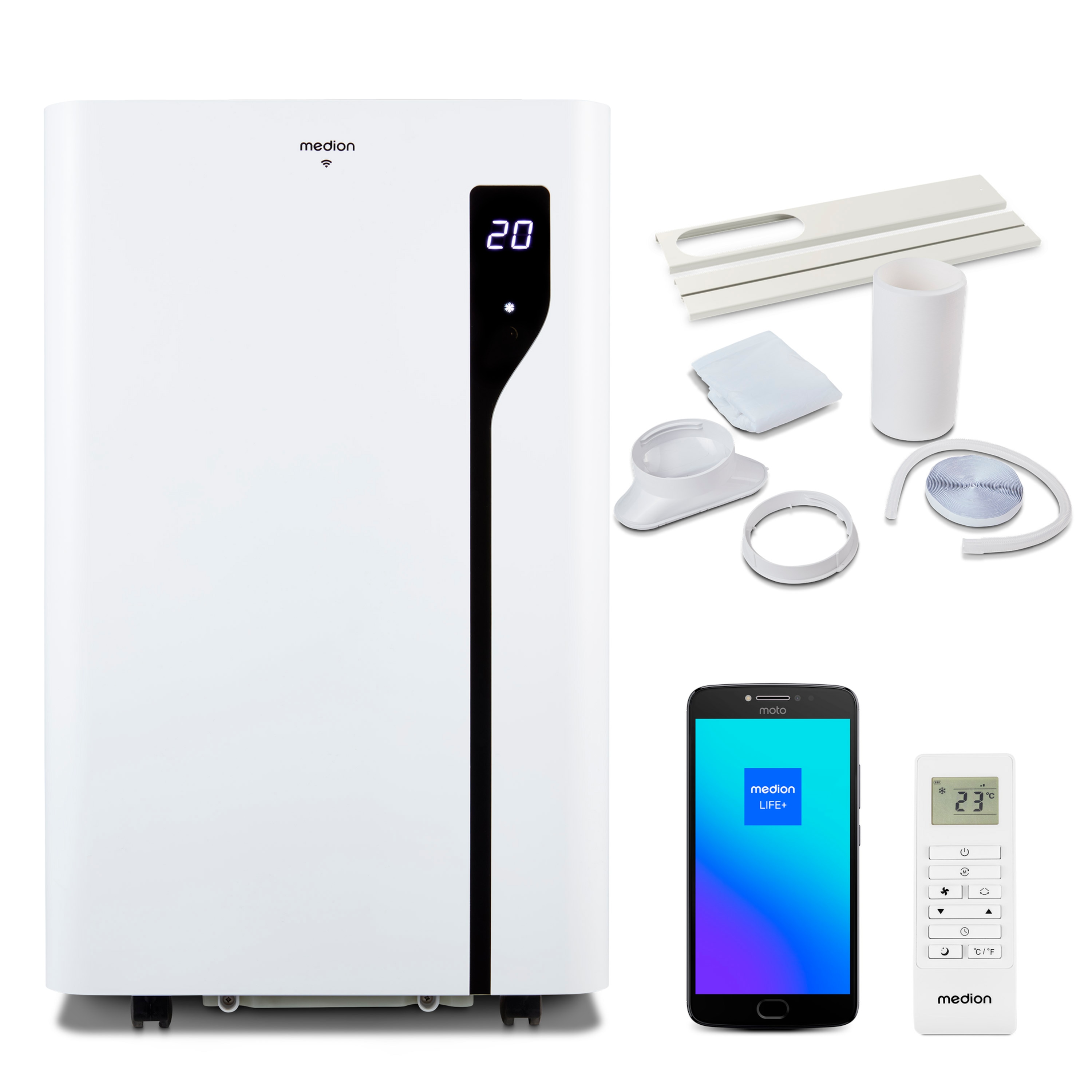 MEDION® LIFE® P1200 Klimaanlage (MD 37734),  Kühlen, Entfeuchten und Ventilieren, Kühlleistung 12.000 BTU, Kühlmittel R290, max. 36m², App- und Sprachsteuerung, Inkl. Fenster-Kit