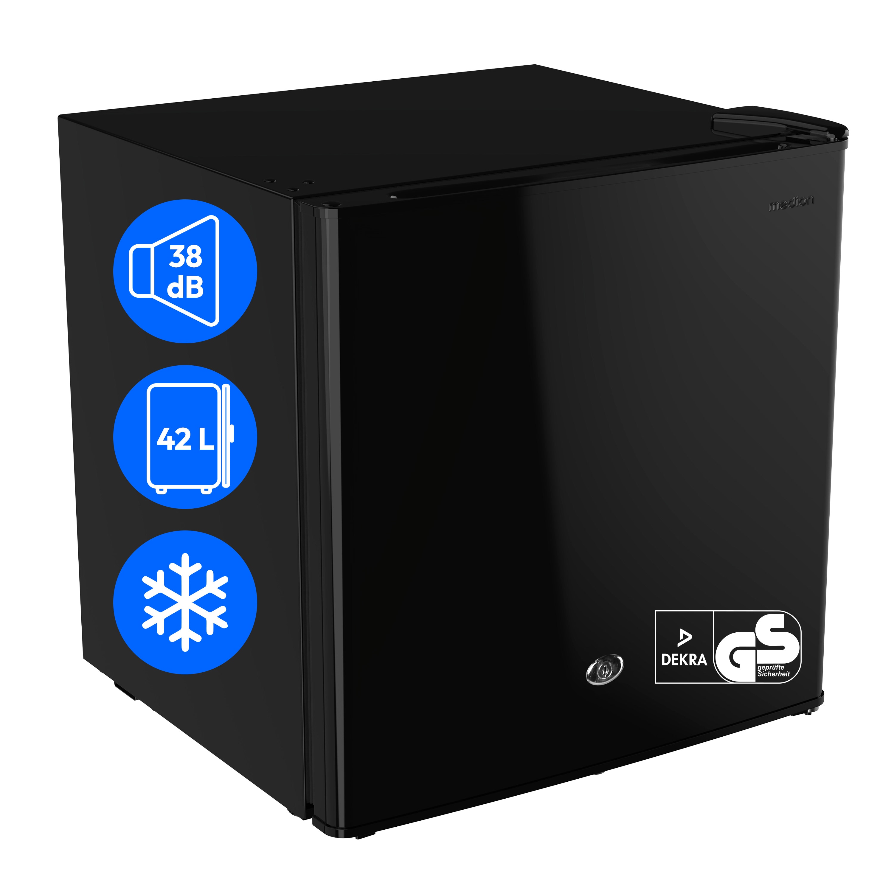 MEDION® LIFE Mini-Kühlschrank mit Eisfach und Schloss MD370001, 42 L Gesamtnutzinhalt (Kühlteil 37 L & Eisfach 5 L), wechselbarer Türanschlag, Schloss, geringer Geräuschpegel