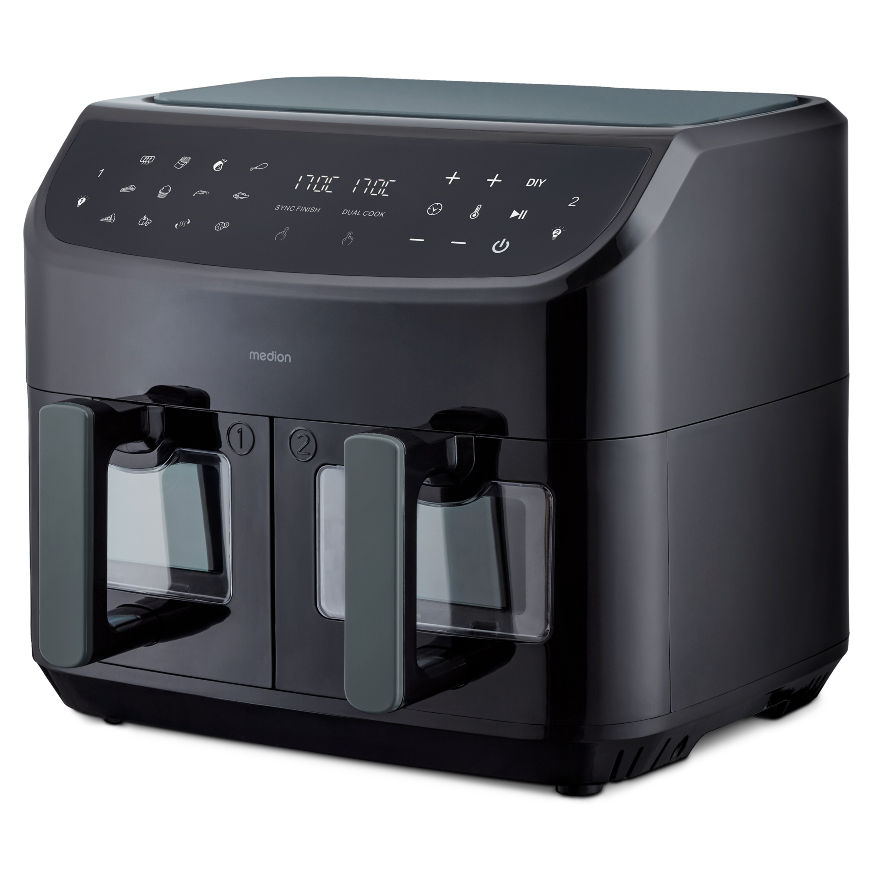 MEDION® LIFE® P20 XXL Twin Doppelzonen-Heißluftfritteuse MD 11760, 100 Rezepte in der Life+ App, 2 separate Garzonen, 9 Automatikprogramme, 8,7 L Gesamt-Nutzinhalt, 2.600 Watt, Temperatur einstellbar bis 200 °C