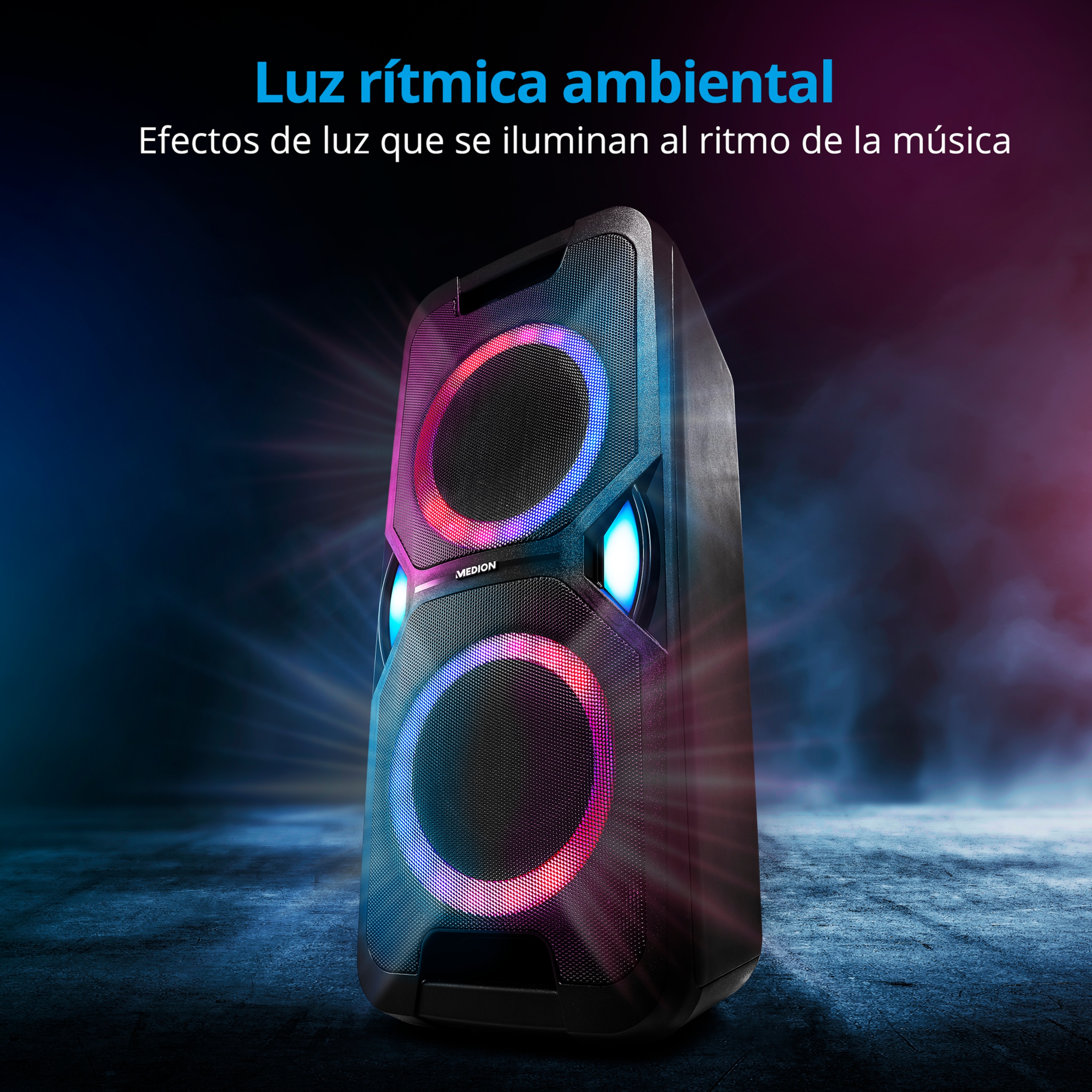 MEDION® LIFE® P67038 Partylautsprecher, PLL-UKW Radio, Bluetooth® 5.0, satter Sound, verschiedene Lichteffekte, X-Bass Bassanhebung, inkl. Mikrofon, 2 x 22 W RMS Ausgangsleistung