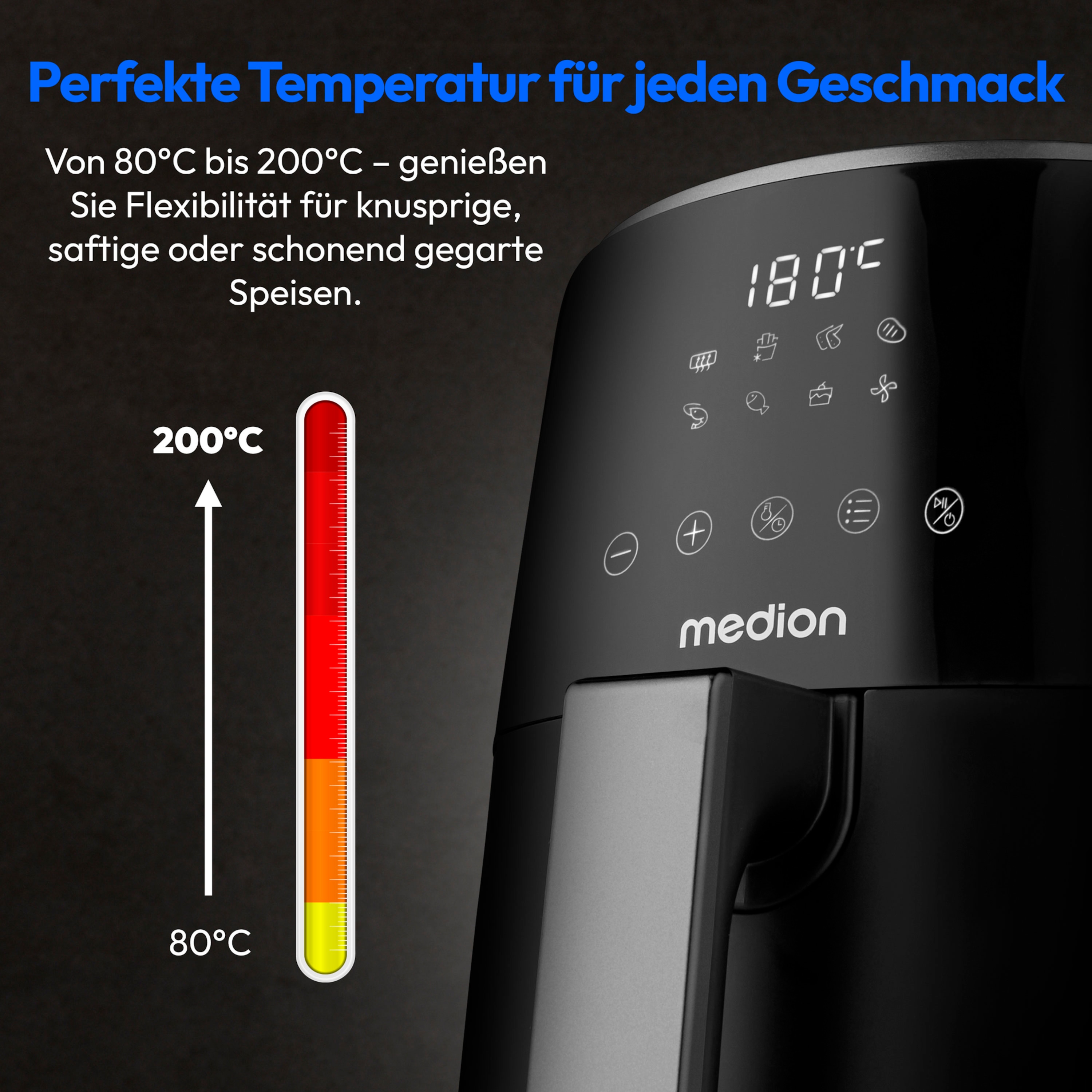 MEDION® LIFE HeißluftFritteuse P40 L (MD13030), 100 Rezepte in der Life+ App¹, Touch-Sensor- Bedienfeld, 4,7 Liter Fassungsvermögen, 8 Automatikprogramme,1.500 Watt, 60 min. Timer, 100