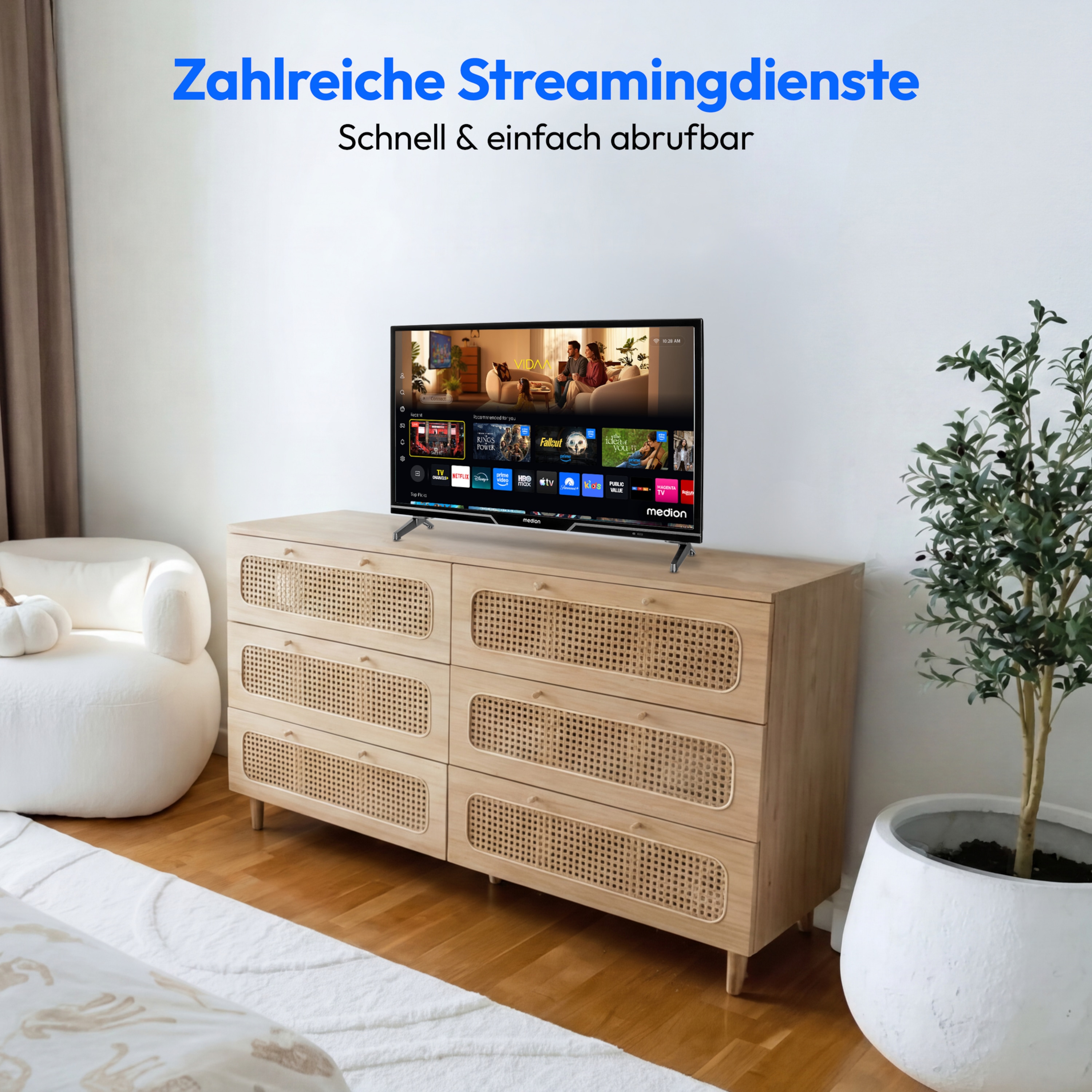 MEDION® LIFE MD 824101 Smart-TV, 59,8 cm (24'') HD Display, HDR, PVR ready, Bluetooth®, VIDAA App Store, HBO Max, MagentaTV, NETFLIX, Disney+, Paramount+ & Amazon Prime Video App