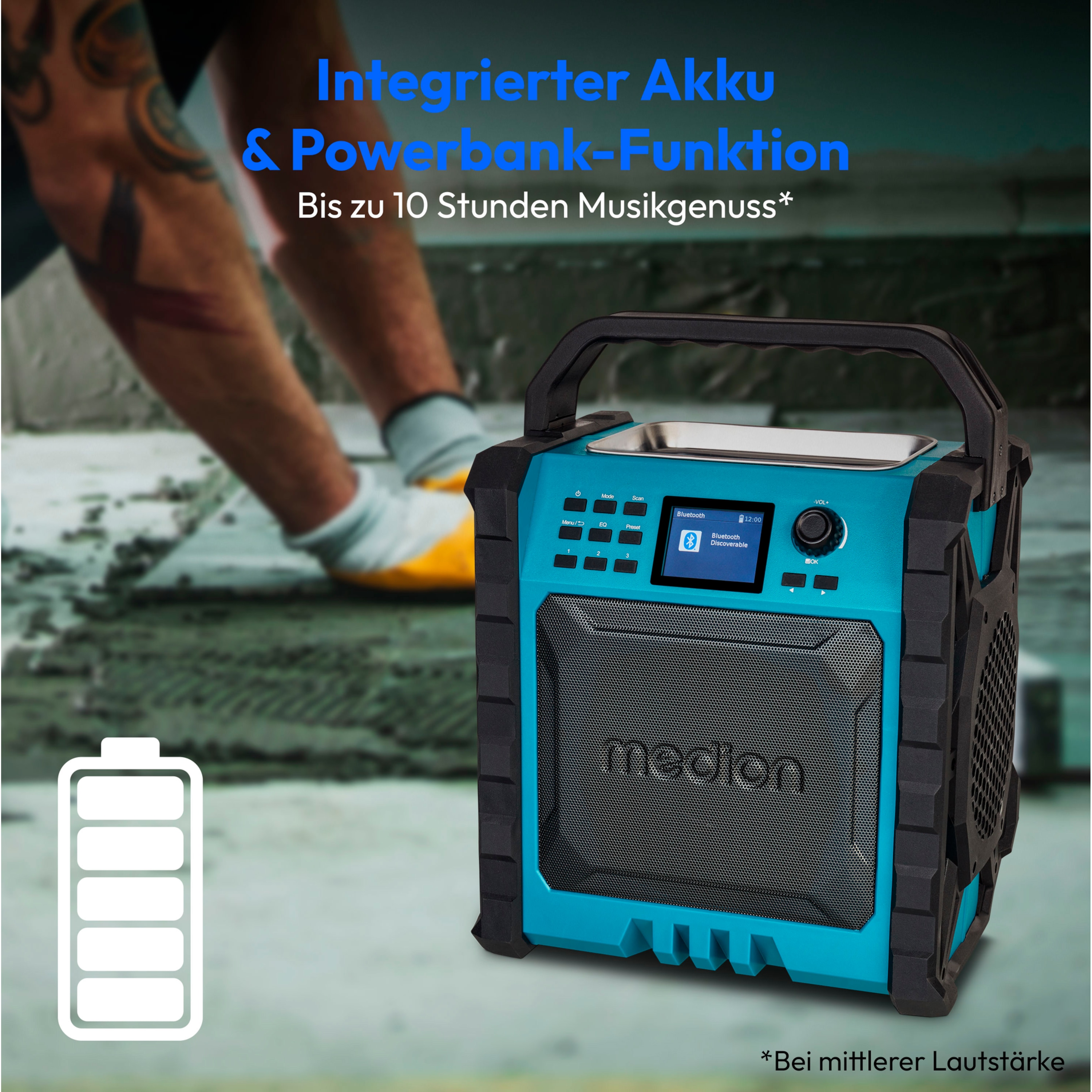 MEDION® LIFE® P66896 Premium Baustellenradio, 6,1 cm (2,4'') Farbdisplay, Bluetooth® 5.3, DAB+/UKW Radio, integr. Akku für bis zu 10 Stunden Laufzeit, zwei Passivradiatoren, 30 W RMS