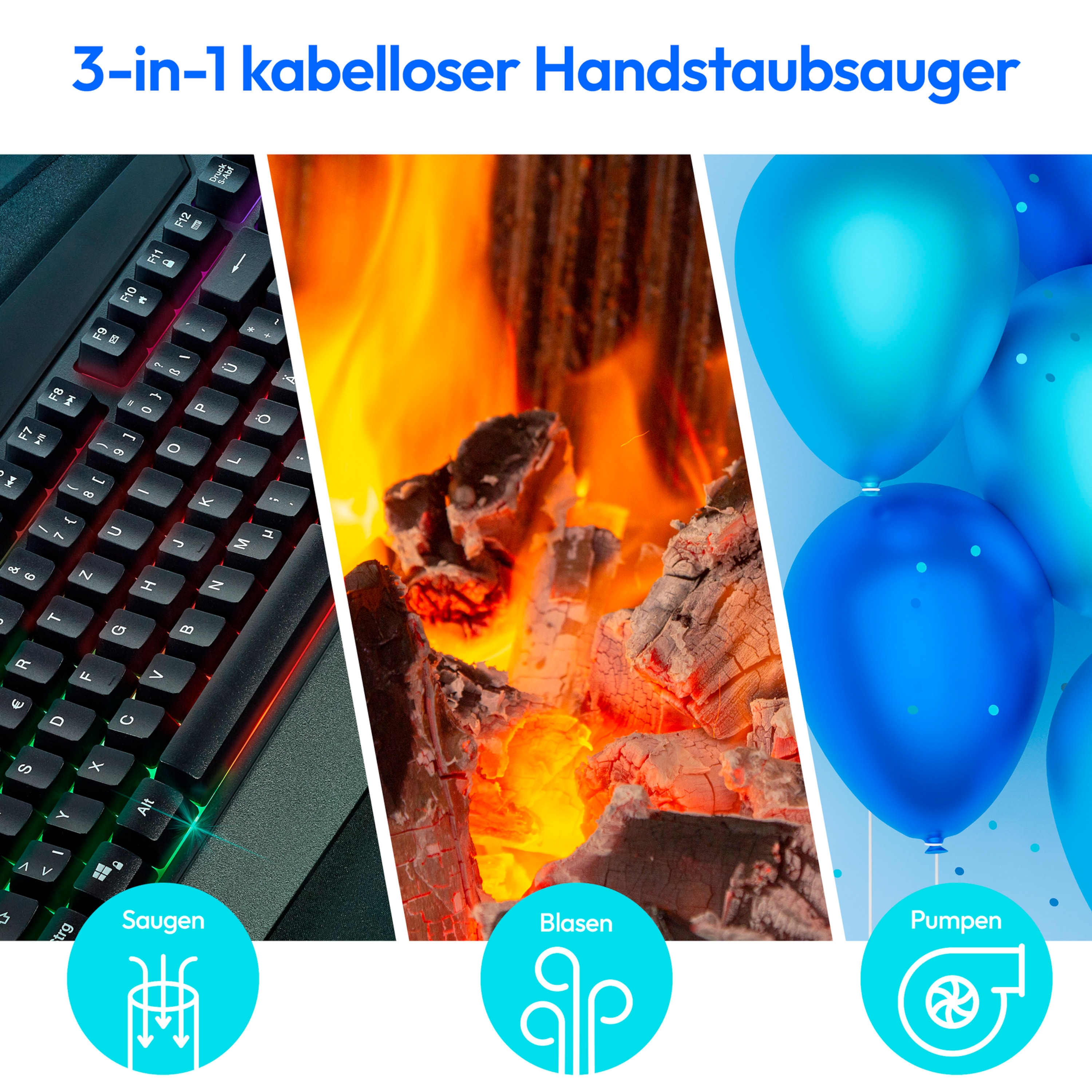 MEDION® LIFE 3in1 Akku-Handstaubsauger (MD 19877), Luftpumpen- und Gebläsefunktion, 5 kPa Saugleistung, integrierter Staubbehälter