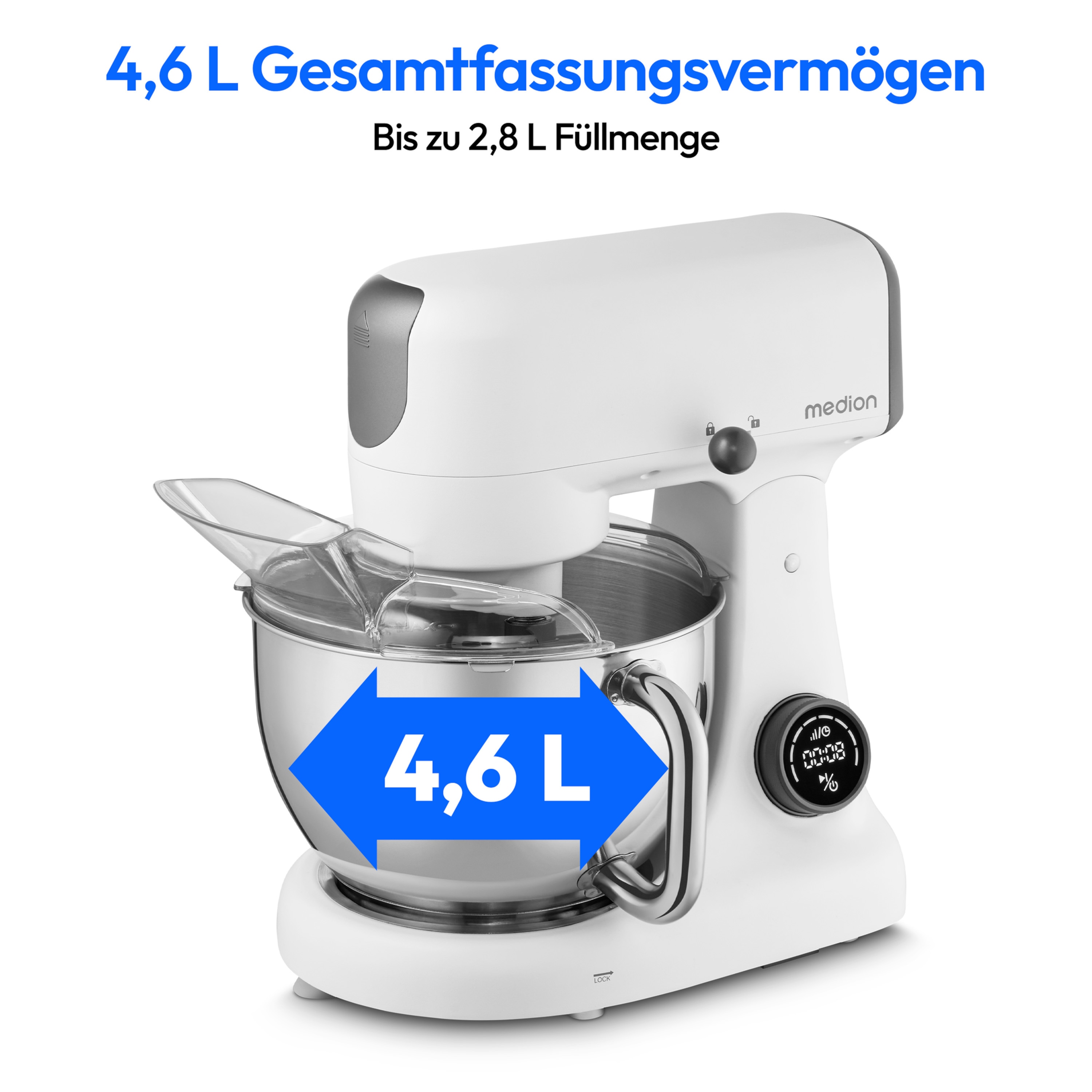 MEDION® LIFE Digitale Küchenmaschine MD12600, 800 W Gleichstrommotor, Energiesparend, Ultraleise, Digitales Sensor-Touch-Display, 4,6 L Edelstahlschüssel, Inkl. Fleischwolf
