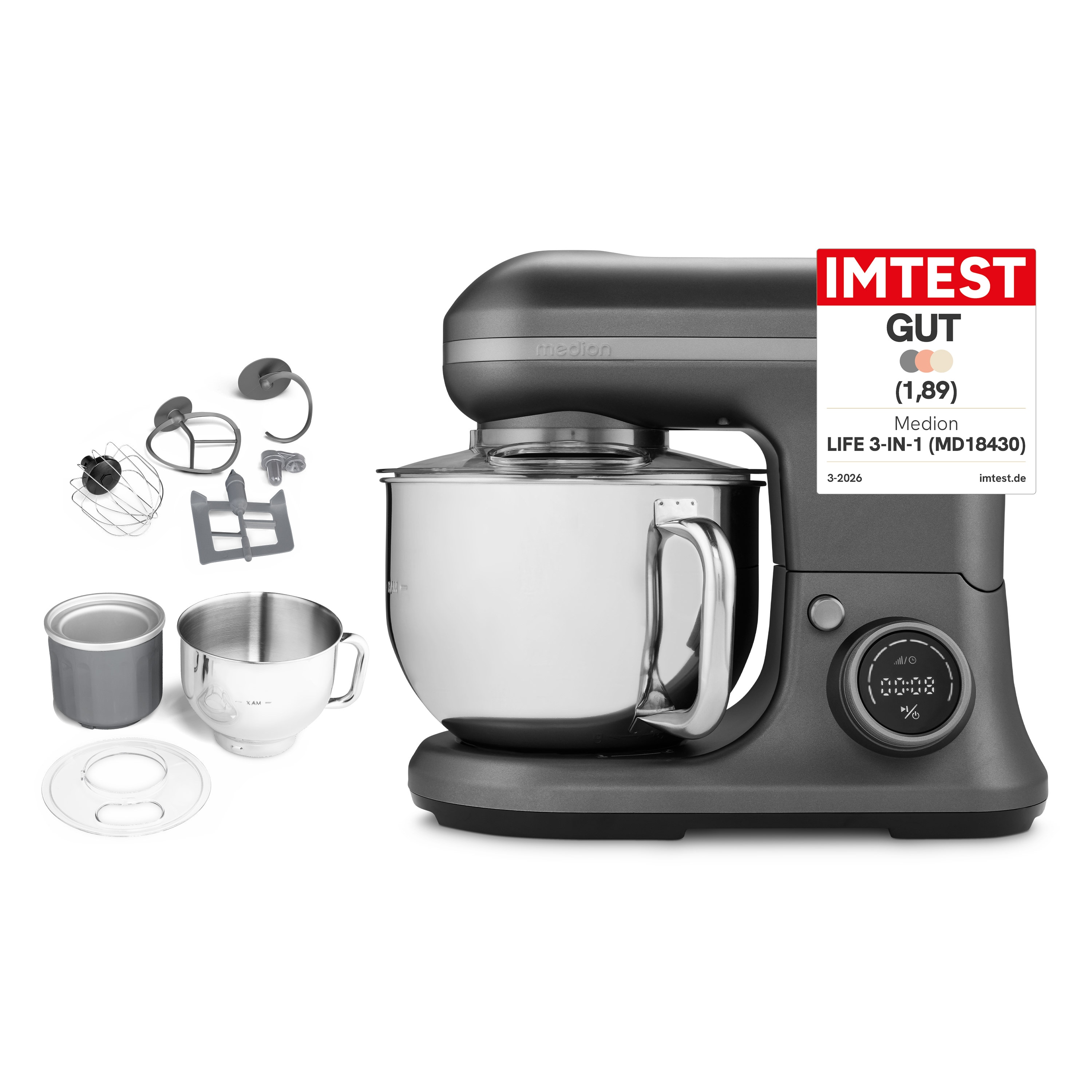 MEDION® LIFE 3-in-1 Digitale Küchenmaschine MD18430, 1.200 W, 8 Geschwindigkeitsstufen, Digitales Sensor-Touch-Display, umfangreiches Zubehör