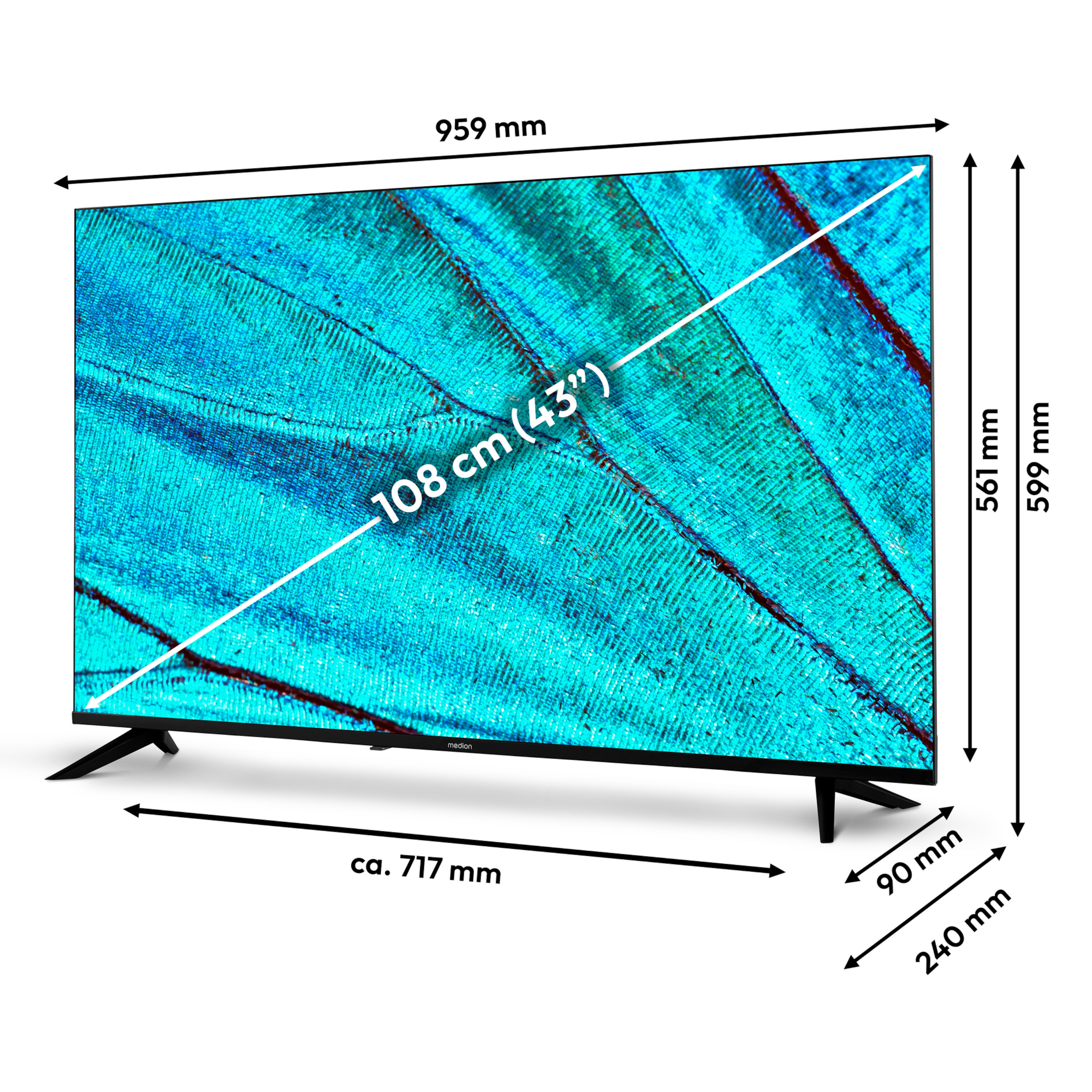 MEDION® LIFE® X8432500 (MD 843200) Ultra HD LCD Smart-TV, 108 cm (43'') Ultra HD Display, HDR, PVR ready, NETFLIX, Prime Video, Disney+, DAZN, Paramount+ App, VIDAA App Store, Bluetooth®, HD Triple Tuner, CI+ Schnittstelle