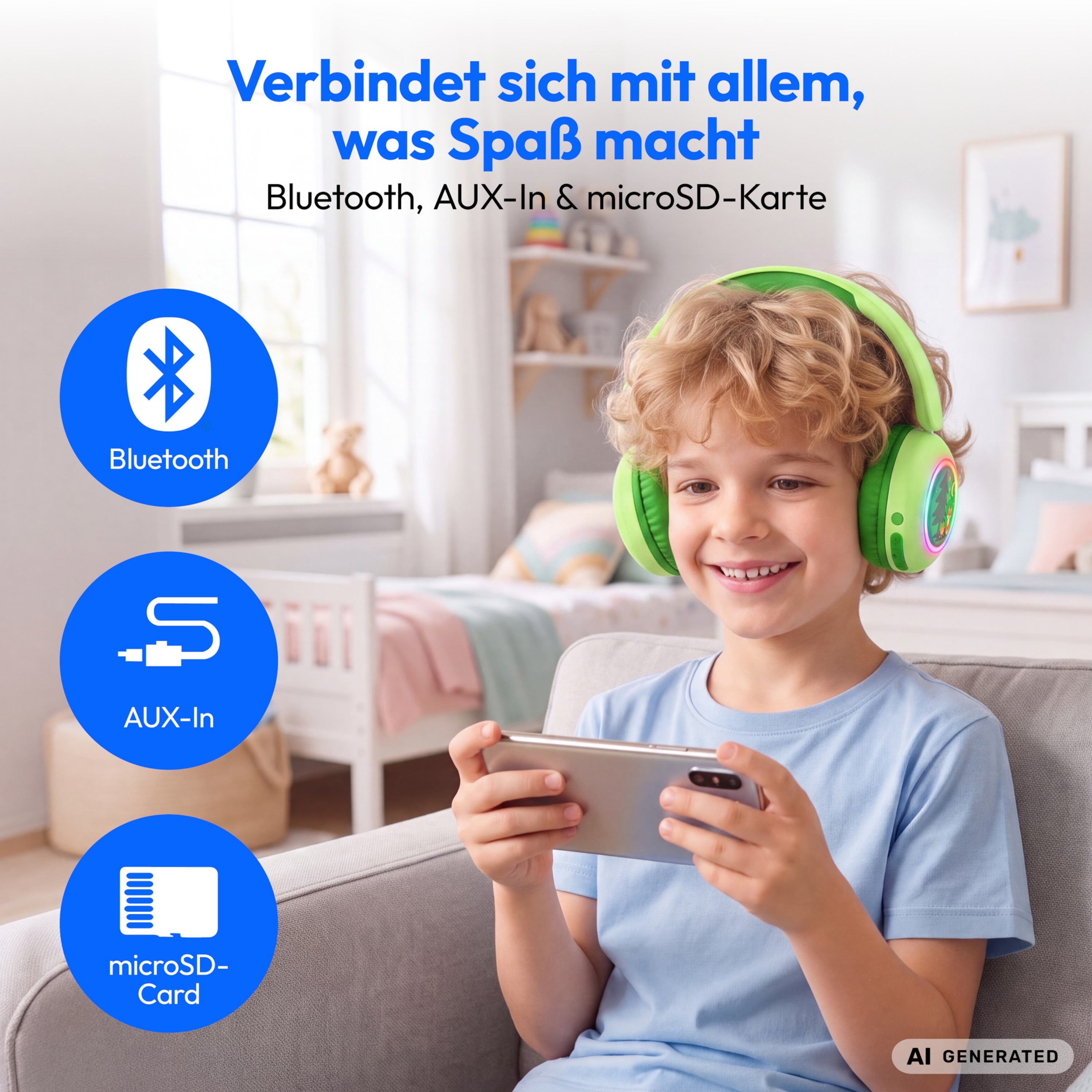 MEDION® LIFE HE-1 Kids Bluetooth Kinderkopfhörer, 3-stufiger Gehörschutz, bis zu 85 Std. Akkulaufzeit, MP3-Player, Bluetooth 5.4, AUX & microSD, LED-Lichtring, austauschbare Designs