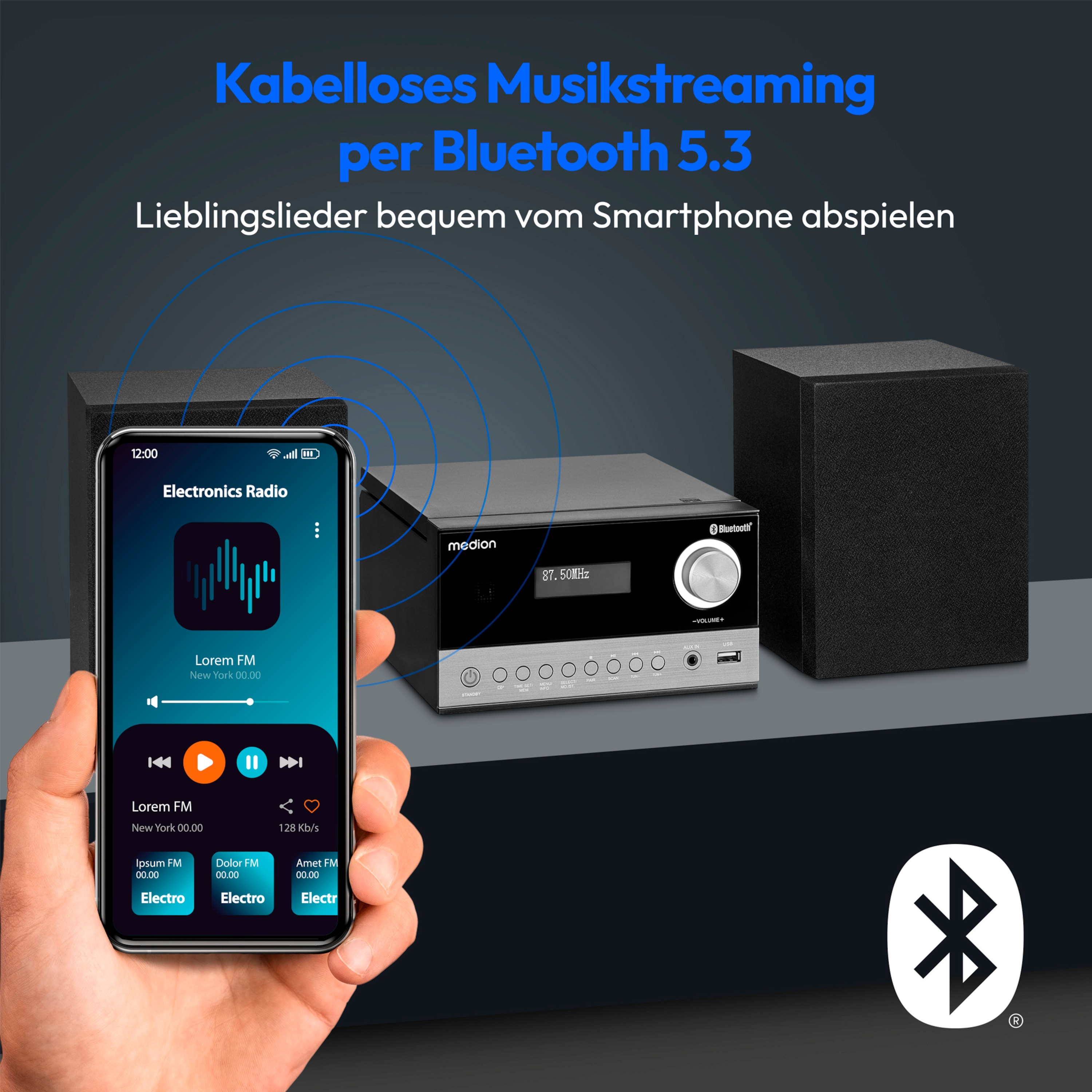 MEDION® LIFE® E64088 Micro-Audio-System, DAB+/PLL-UKW Radio, je 30 Senderspeicher,  LCD-Display, Musikwiedergabe via Bluetooth® 5.3 oder USB-Stick, CD-Player, 2 x 5 W RMS