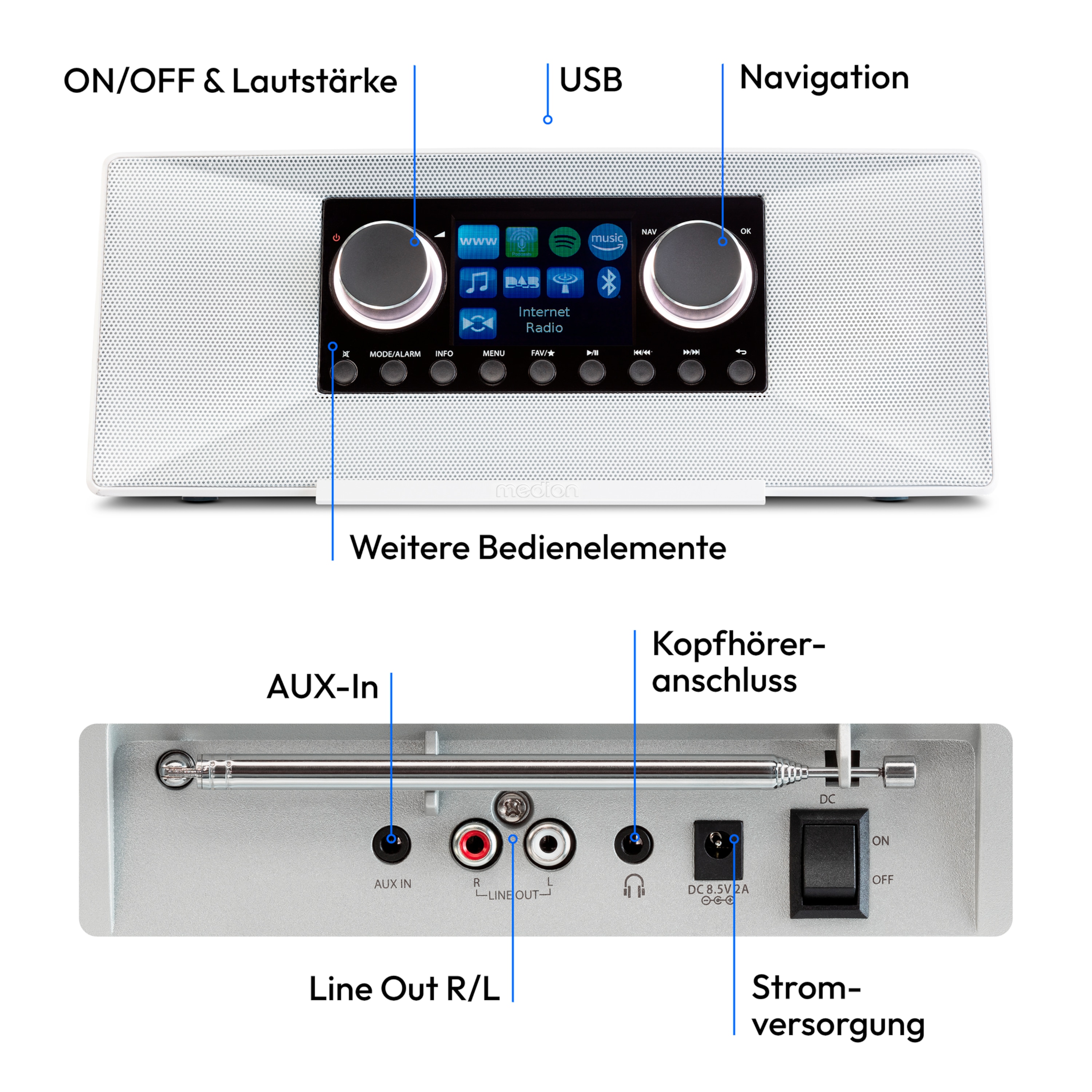 MEDION® LIFE® P85333 Stereo Internetradio, 7,1 cm (2,8'') TFT-Farbdisplay, über 25.000 Internet-Radiosender & viele Podcasts empfangen, DAB+/UKW Radio, Wecker, WLAN, Bluetooth®, Amazon Music, Spotify®-Connect, 2 x 6 W RMS