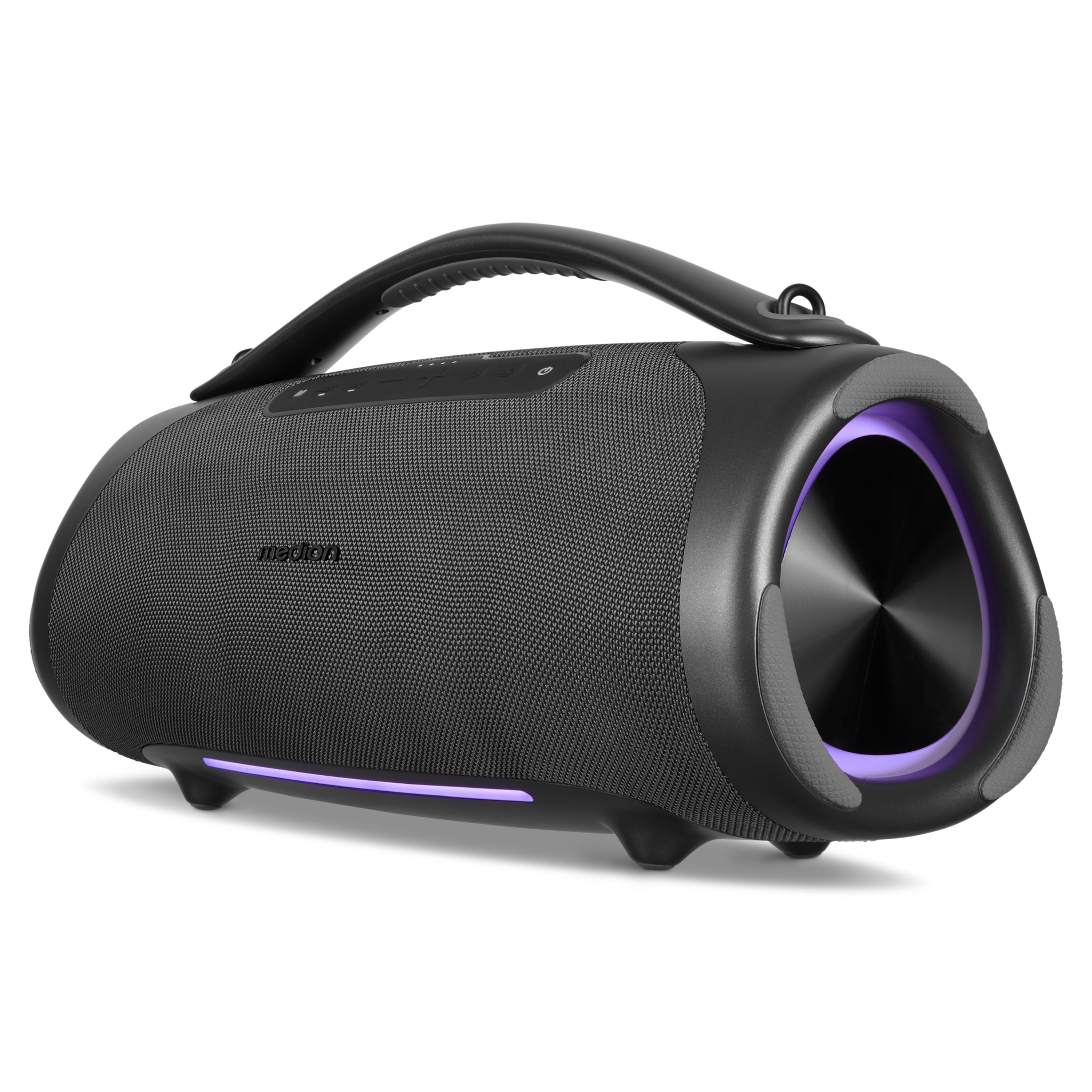 MEDION® LIFE® P61768 Tragbarer Bluetooth® Lautsprecher XL, Dual Illuminated & Lightstrip (RGB-Lichteffekte), Bluetooth® 5.3, integrierter Akku mit bis zu 30 Stunden Laufzeit, robustes & mobiles Design, 2 x 25 W + 50 W RMS