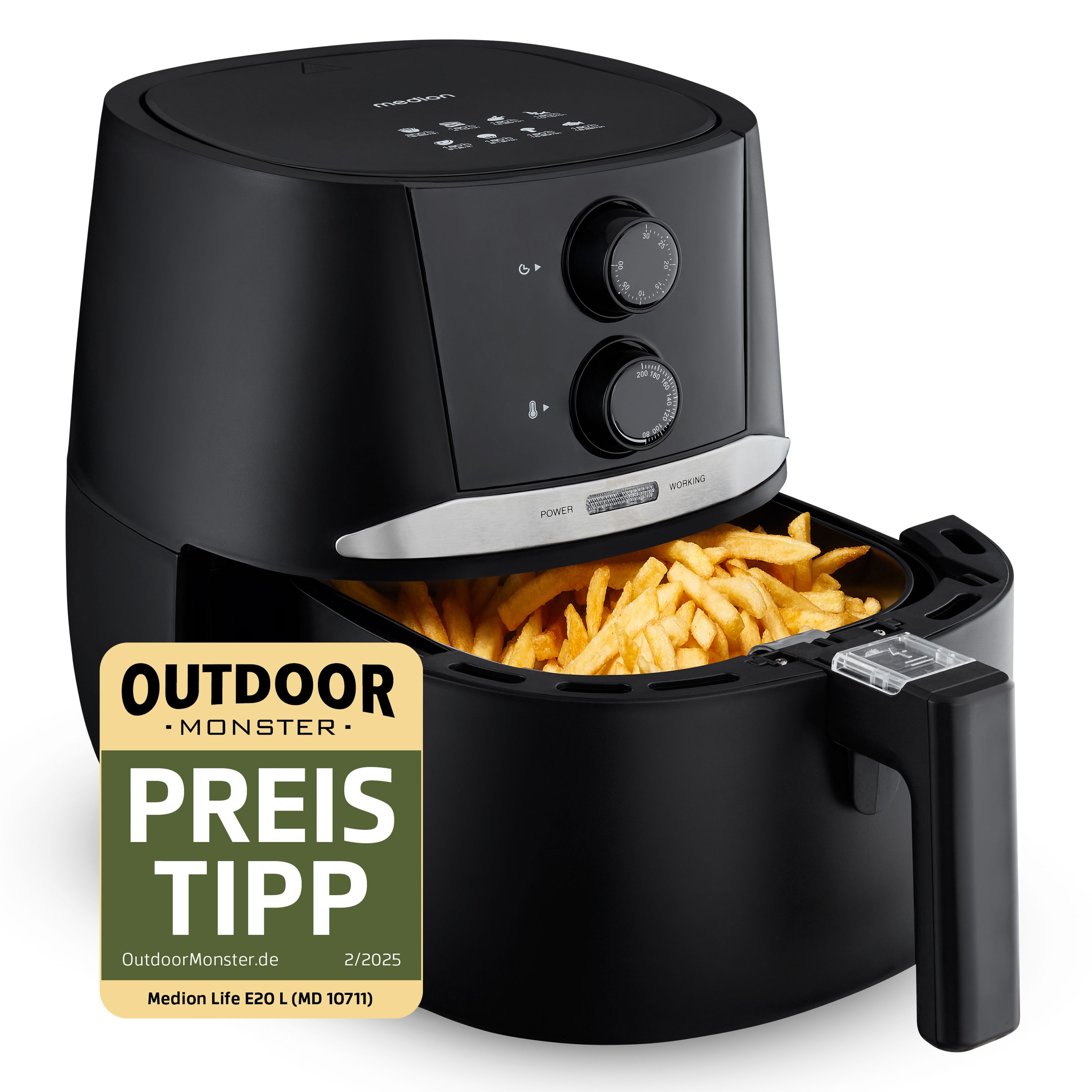 MEDION® LIFE® E20 L Heißluftfritteuse (MD 10711), ölfreies Frittieren, 3,2 L Korbvolumen, 1.400W Leistung