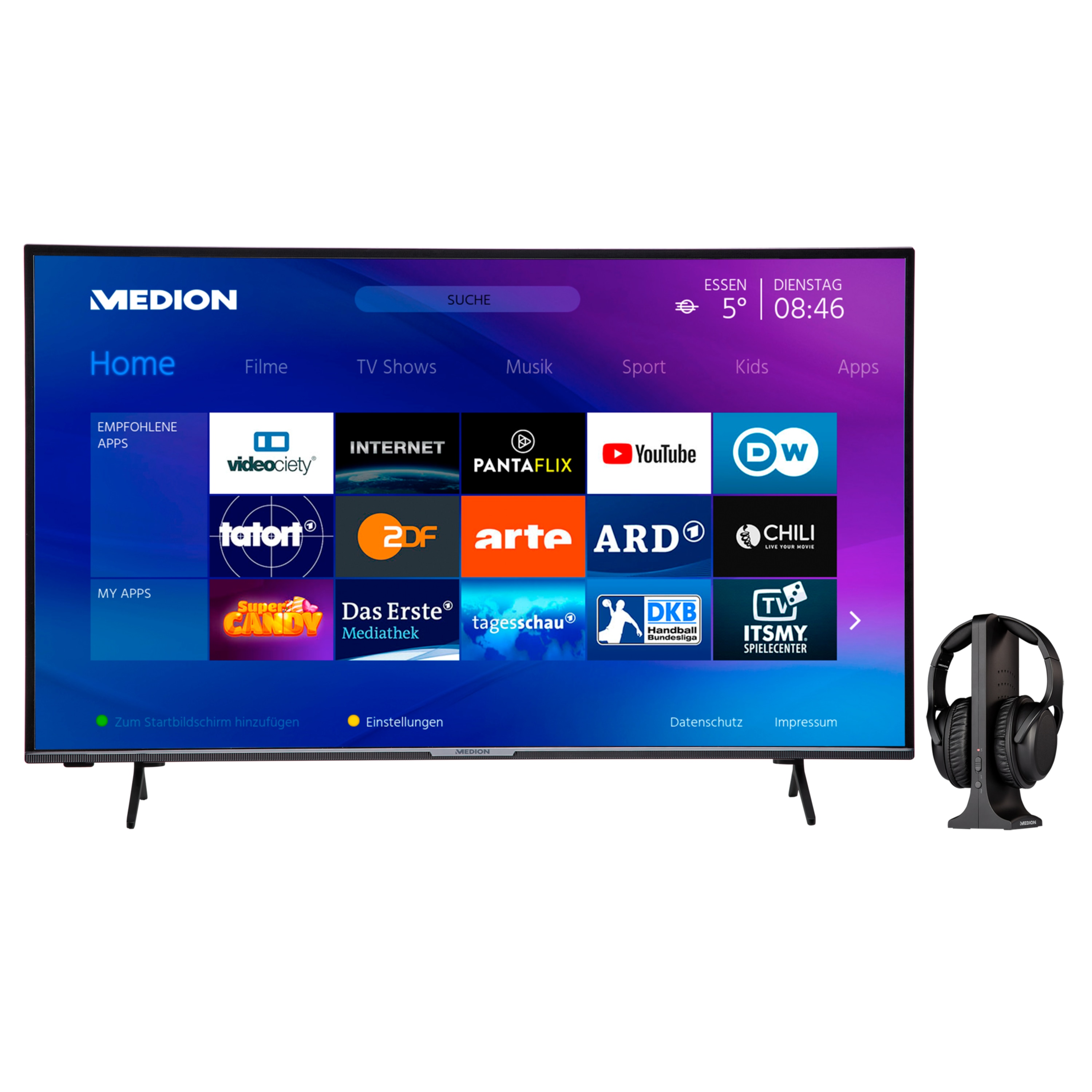 MEDION® LIFE® X15814 146,1 cm (58'') Ultra HD Smart-TV + E62003 Funkkopfhörer - ARTIKELSET