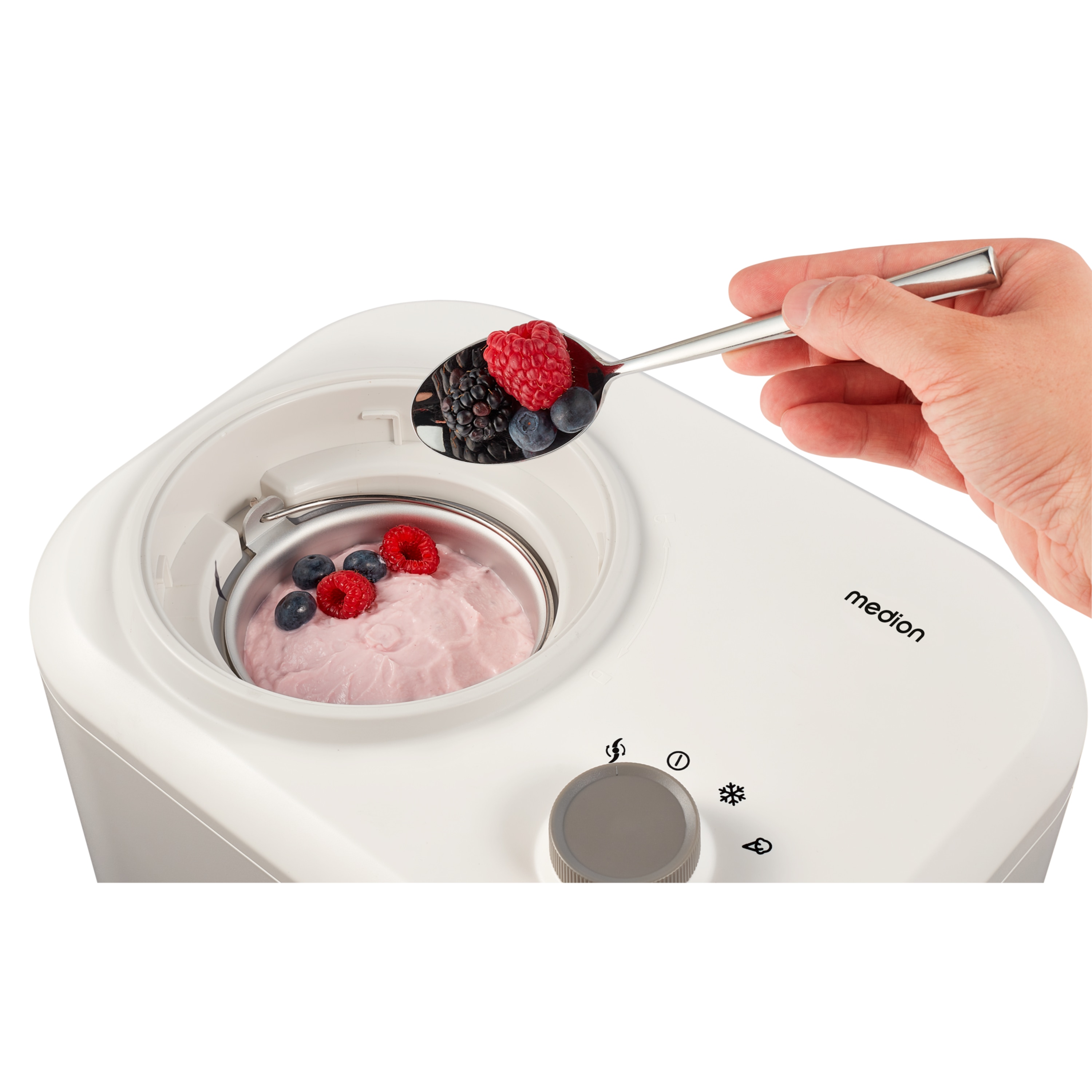 MEDION® LIFE® Eismaschine MD 10169, Kapazität für 1 L Eis, kein Vorkühlen notwendig, entnehmbarer Aluminium-Eisbehälter, geeignet für die Zubereitung von Eiscreme, Frozen Yoghurt & Sorbet