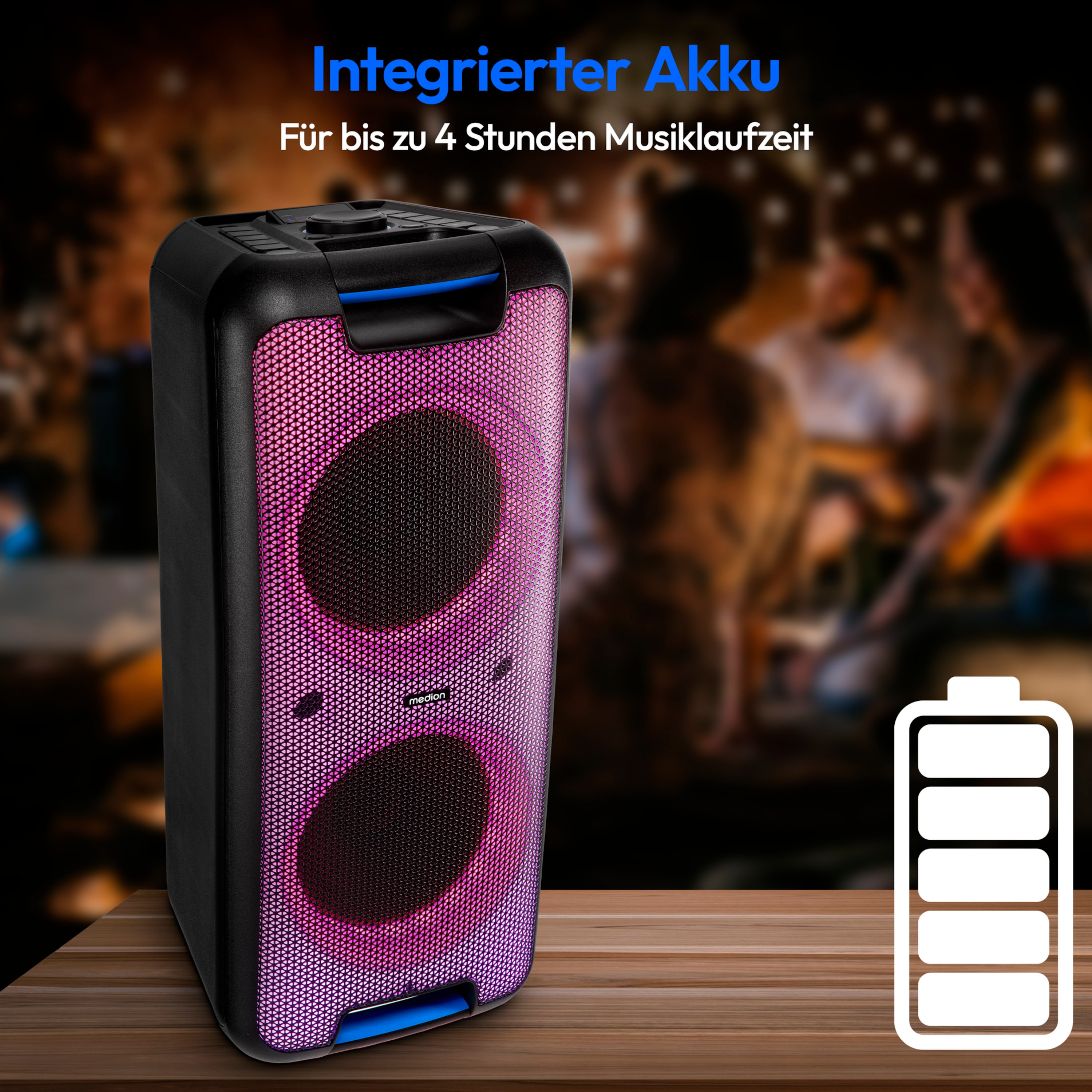 MEDION® LIFE® PX-1 Plus Partylautsprecher, tragbares Bluetooth® Soundsystem, verschiedene Lichteffekte, satter Sound, True Wireless Stereo Funktion, 2 x 50 W RMS