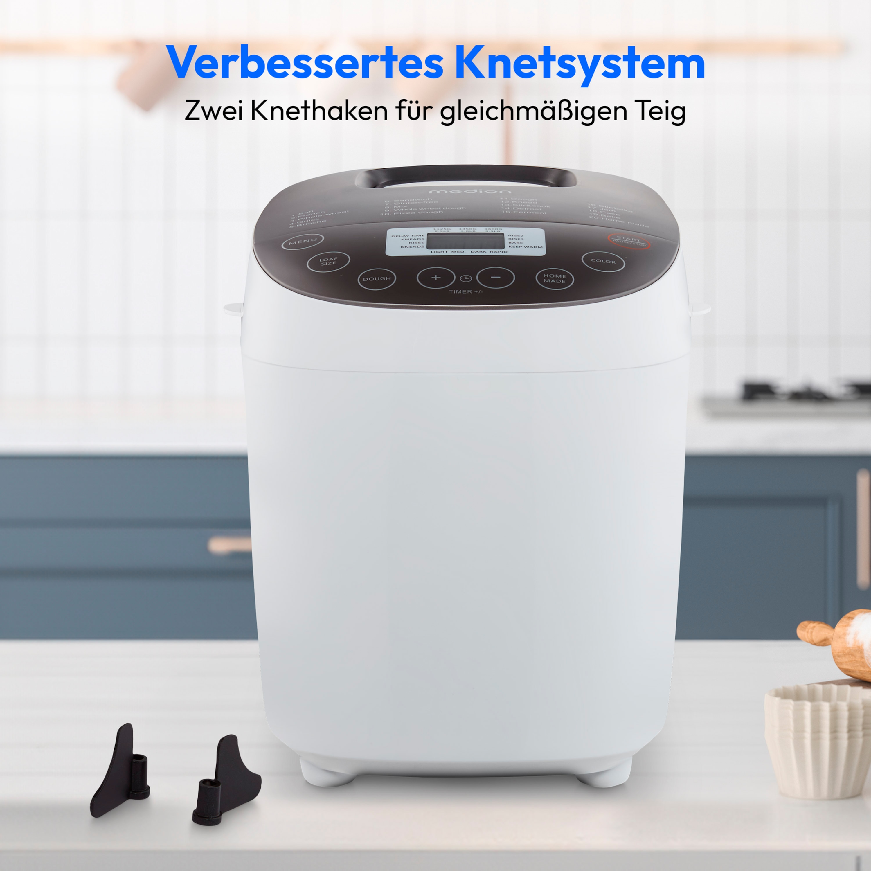 MEDION® LIFE® Brotbackautomat  MD 12040, 20 Backprogramme, 3 wählbare Bräunungsgrade, 950 Watt, bis zu 1.600g Fassungsvermögen