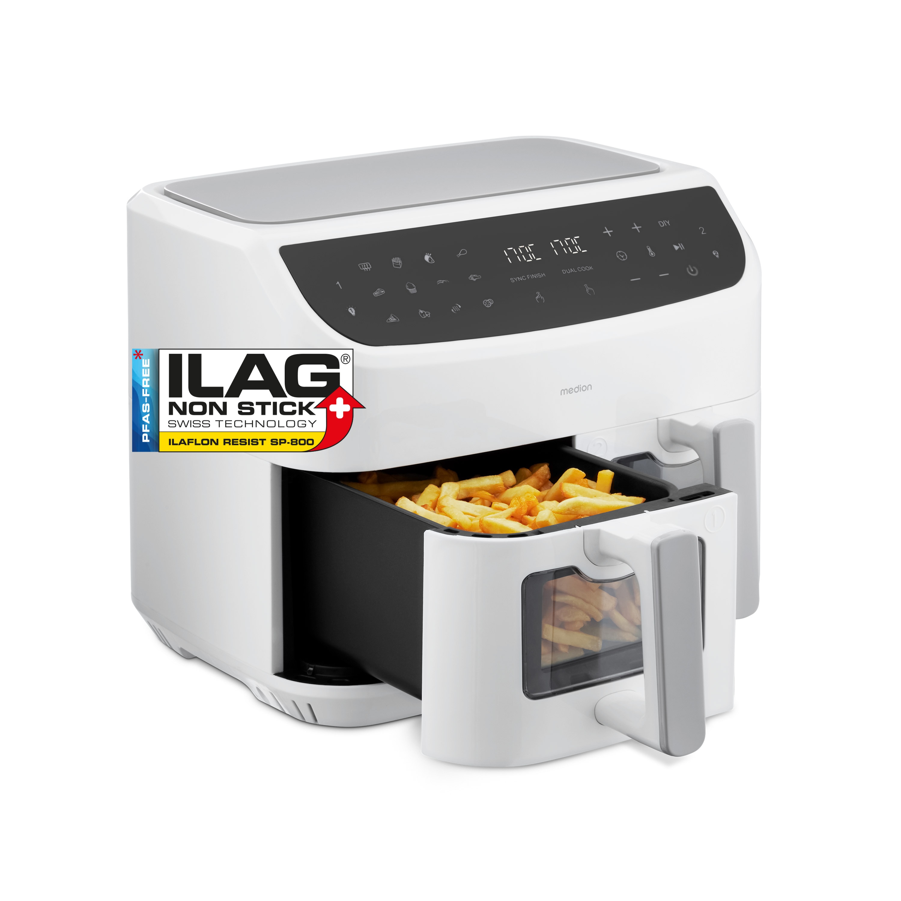 MEDION® LIFE® P20 XXL Twin Doppelzonen-Heißluftfritteuse MD 11760, 100 Rezepte in der Life+ App, 2 separate Garzonen, 9 Automatikprogramme, 8,7 L Gesamt-Nutzinhalt, 2.600 Watt, Temperatur einstellbar bis 200 °C