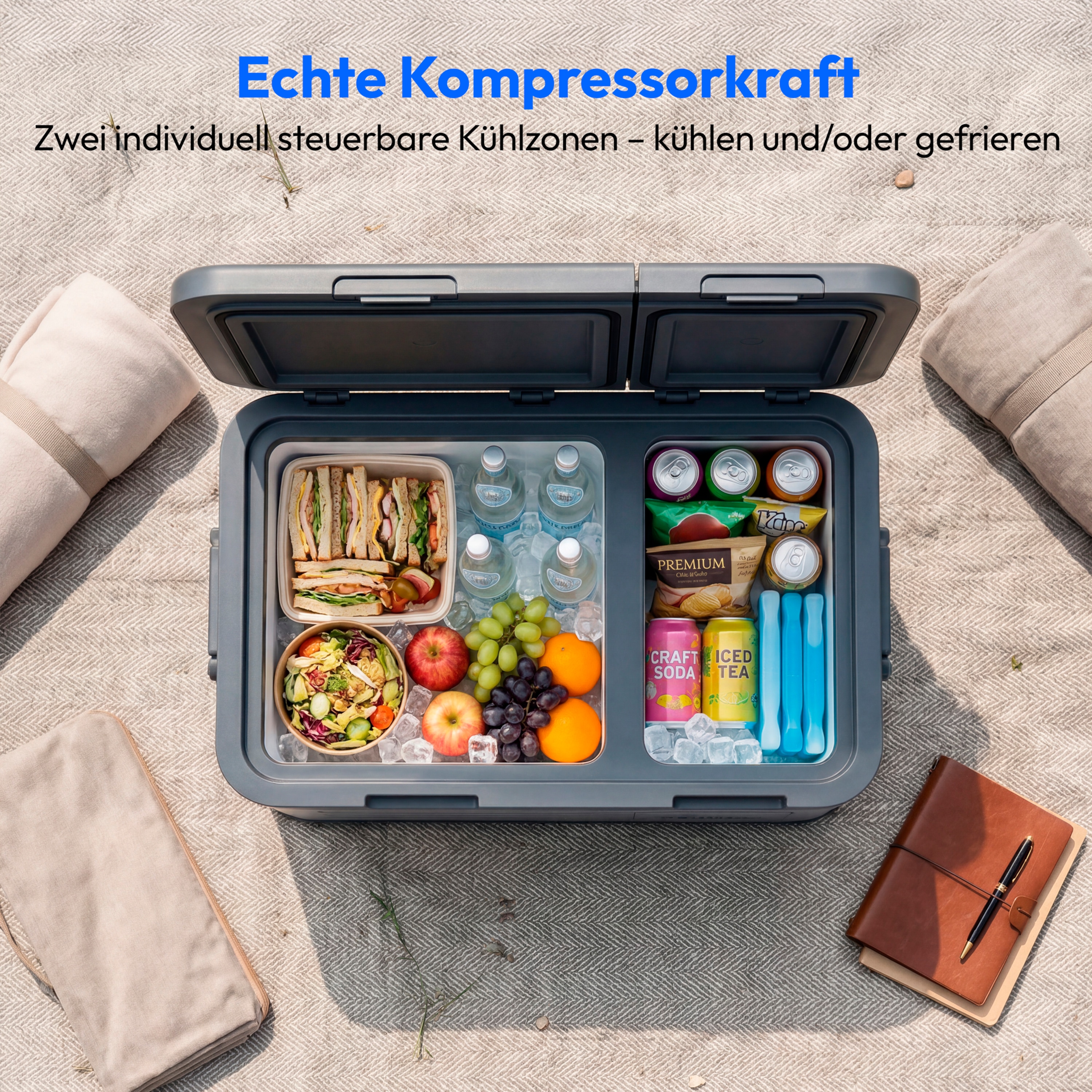 MEDION® LIFE Kompressor Kühlbox MD370026, Duale Kühlzonen bis −20 °C, 36 L Kapazität, 12 V 24 V 230 V, Aluminium Design