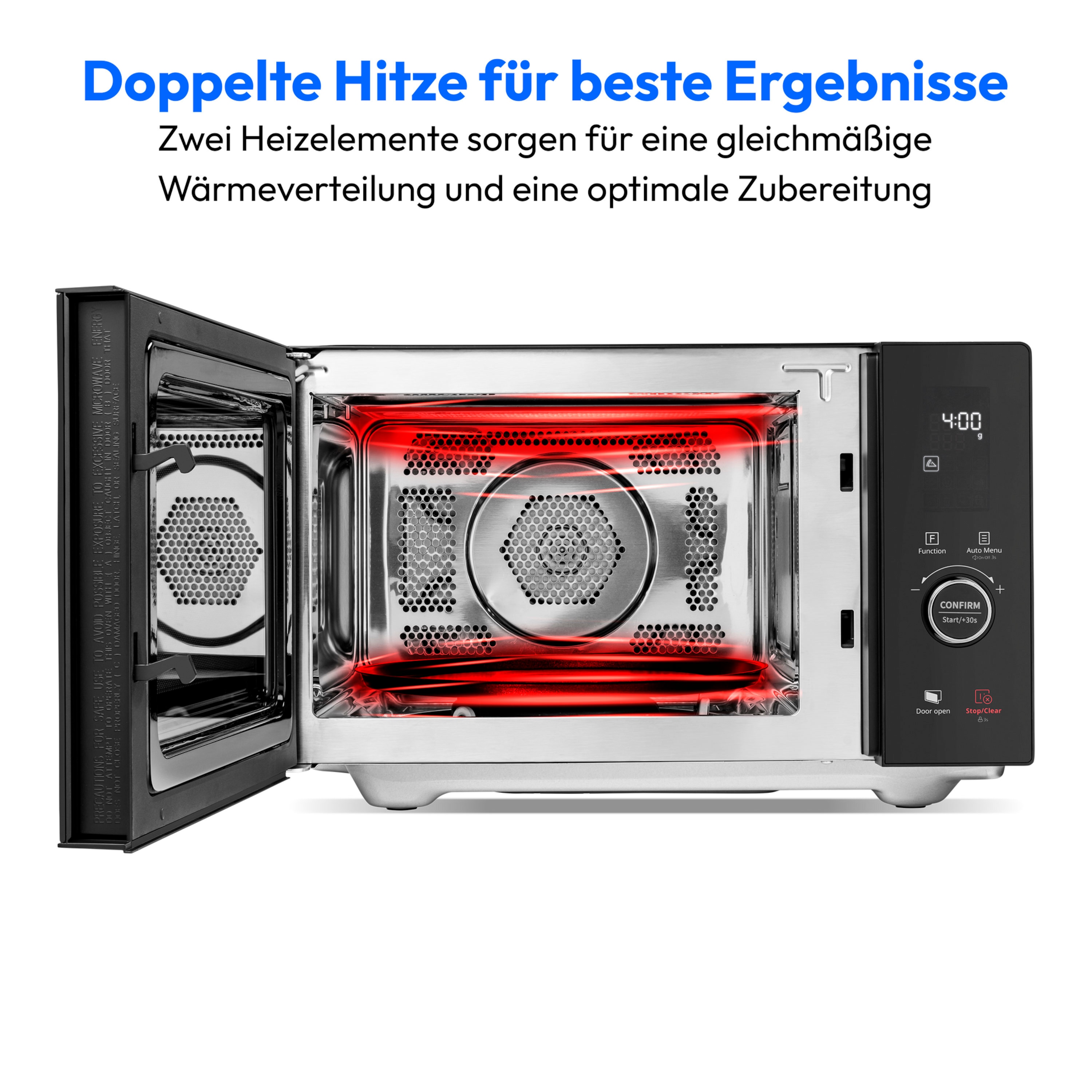 MEDION® LIFE® 4 in 1 Mikrowelle MD12041, 900 Watt Mikrowellenleistung, 1100 W Obergrillleistung, 500 W Untergrilleistung, 2100 W Heißluftfunktion, 2 Heizelemente, Sensor-Touch-Türöffnung, 11 Automatikprogramme, 25 L Kapazität, 10 Leistungsstufen