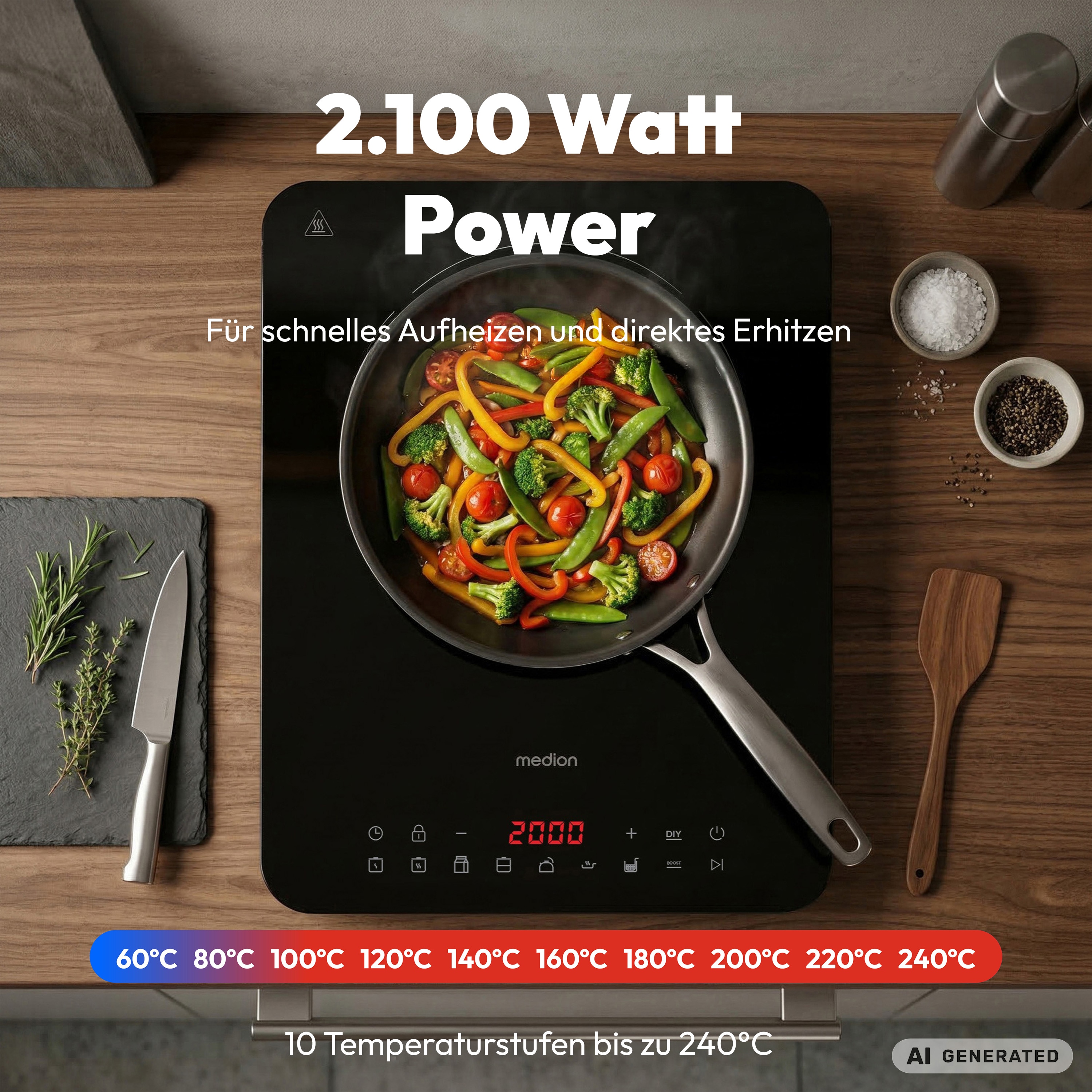 MEDION® Life IC10S Induktionskochplatte (MD 100090), extra flach, 2100 Watt Induktionsleistung, 8 Automatikprogramme und DIY, LED Display mit Touchbedienung, Kristallglas-Oberfläche