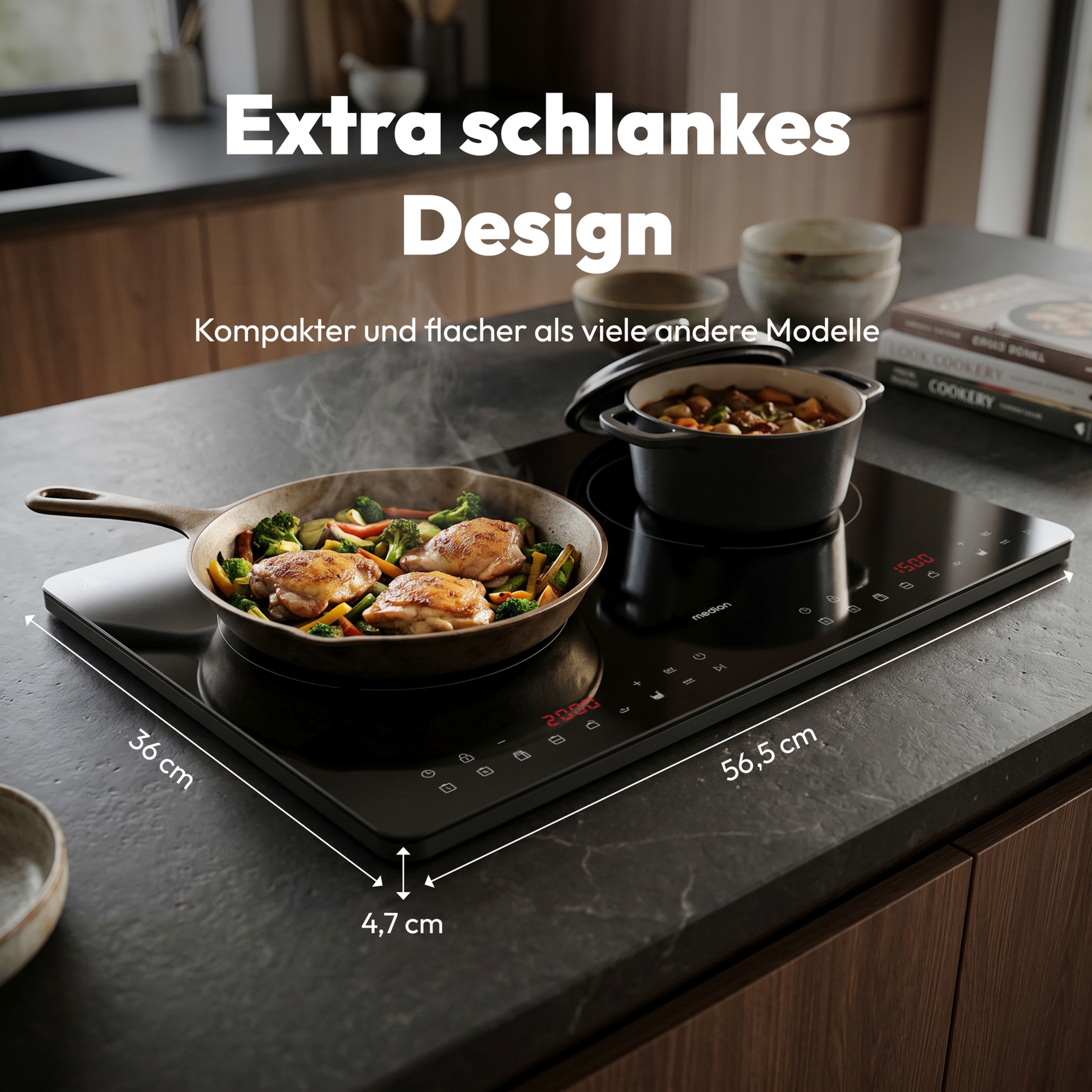 MEDION® Life IC20D Induktionskochplatte (MD 100091), extra flach, 3500 Watt Induktionsleistung, 2 Kochplatten mit je 8 Automatikprogrammen und DIY, LED Display mit Touchbedienung, Nahtlose Kristallglas-Oberfläche