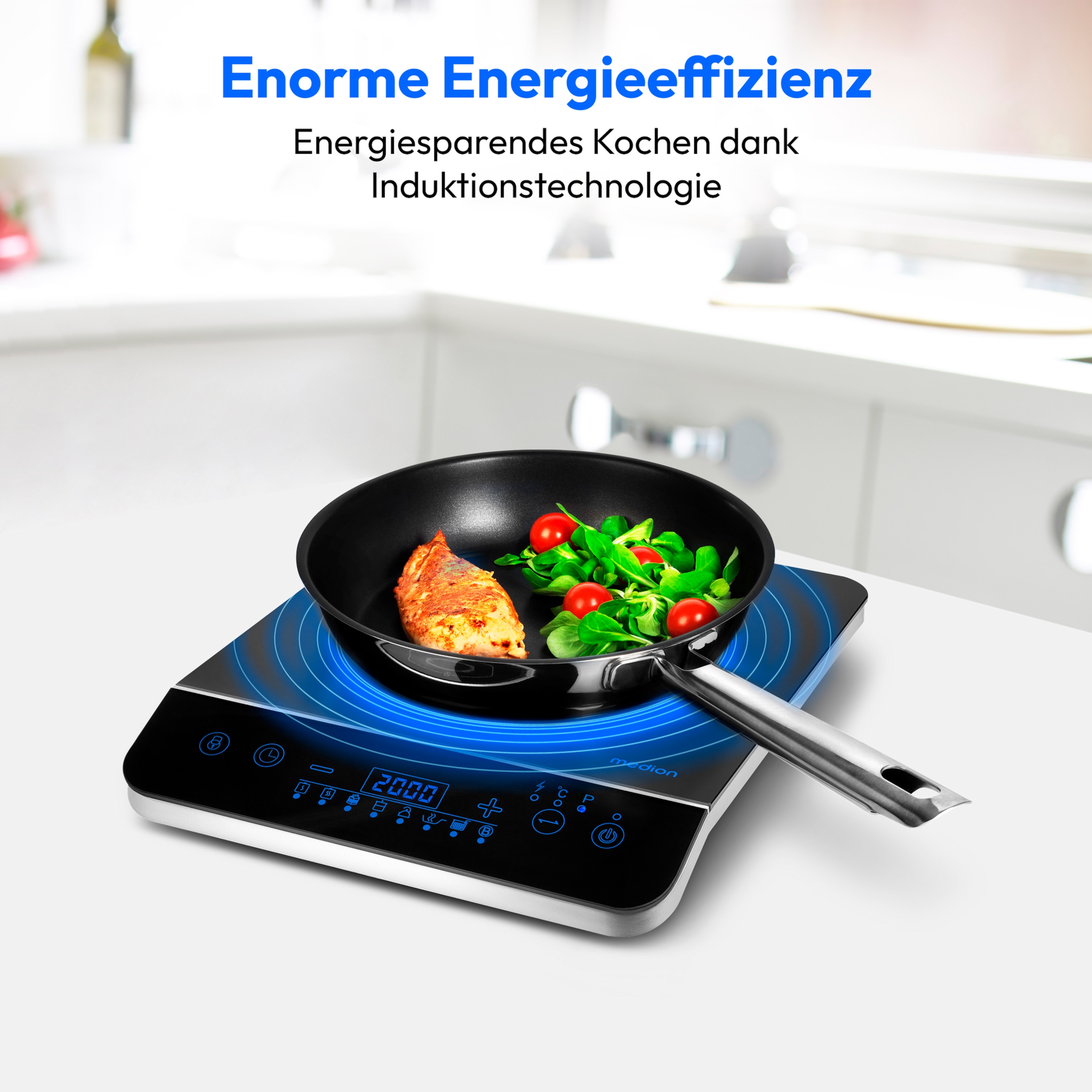 MEDION® Induktions- kochplatte   MD 17595, 2000 Watt Induktionsleistung, 8 Automatikprogramme, automatische Topferkennung