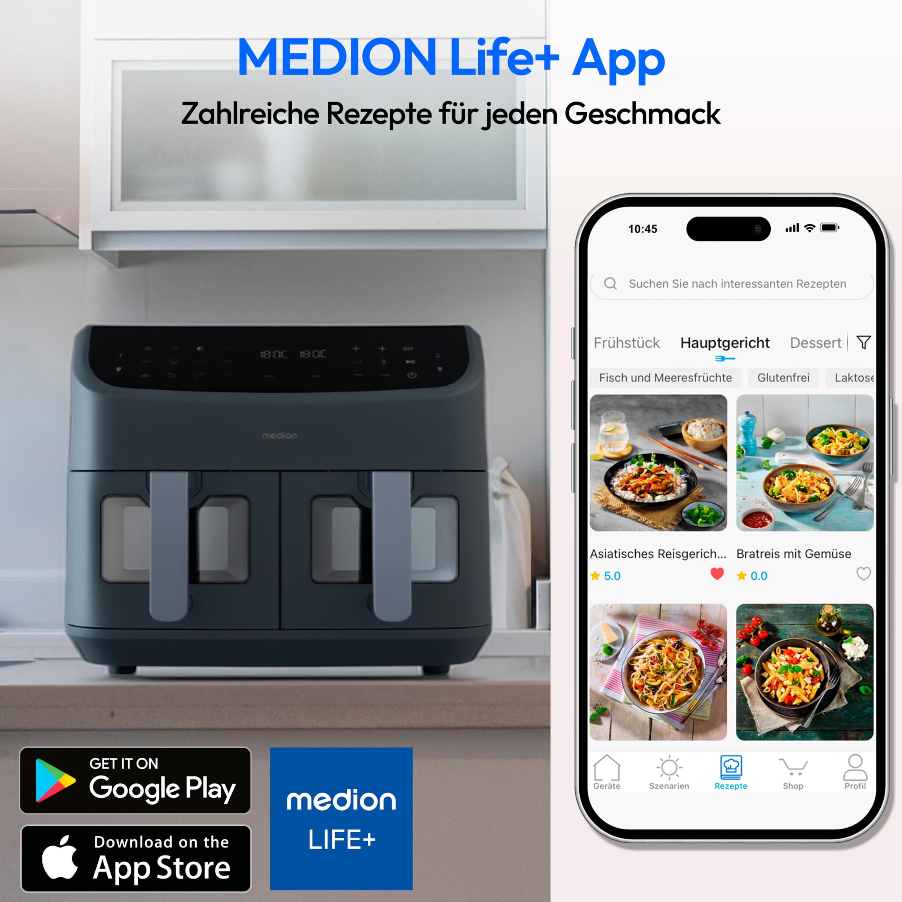 MEDION® LIFE® P20 XXL Twin Doppelzonen-Heißluftfritteuse MD 11760 matt grau, 100 Rezepte in der Life+ App, 2 separate Garzonen, 9 Automatikprogramme, 8,7 L Gesamt-Nutzinhalt, 2.600 Watt, Temperatur einstellbar bis 200 °C