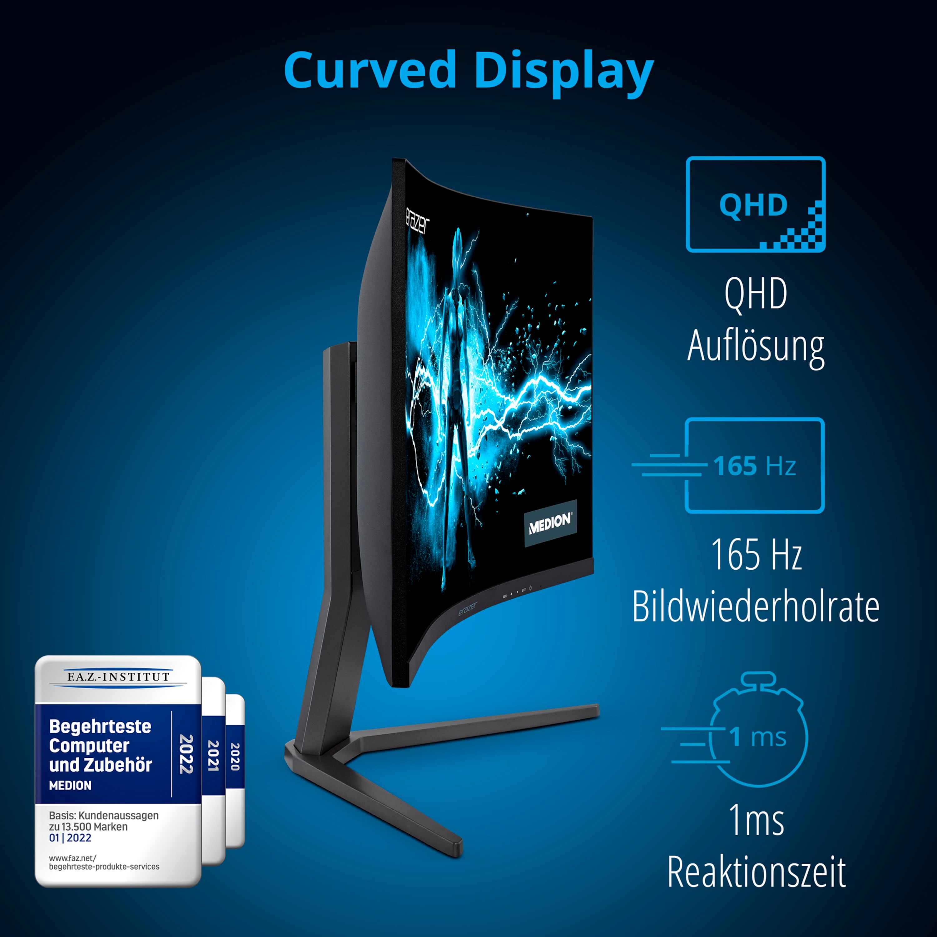 MEDION® ERAZER® Spectator X10 (MD 22094), Curved Widescreen Monitor, 80 cm (32''), QHD Display, 165Hz, HDMI® Anschluss und DisplayPort