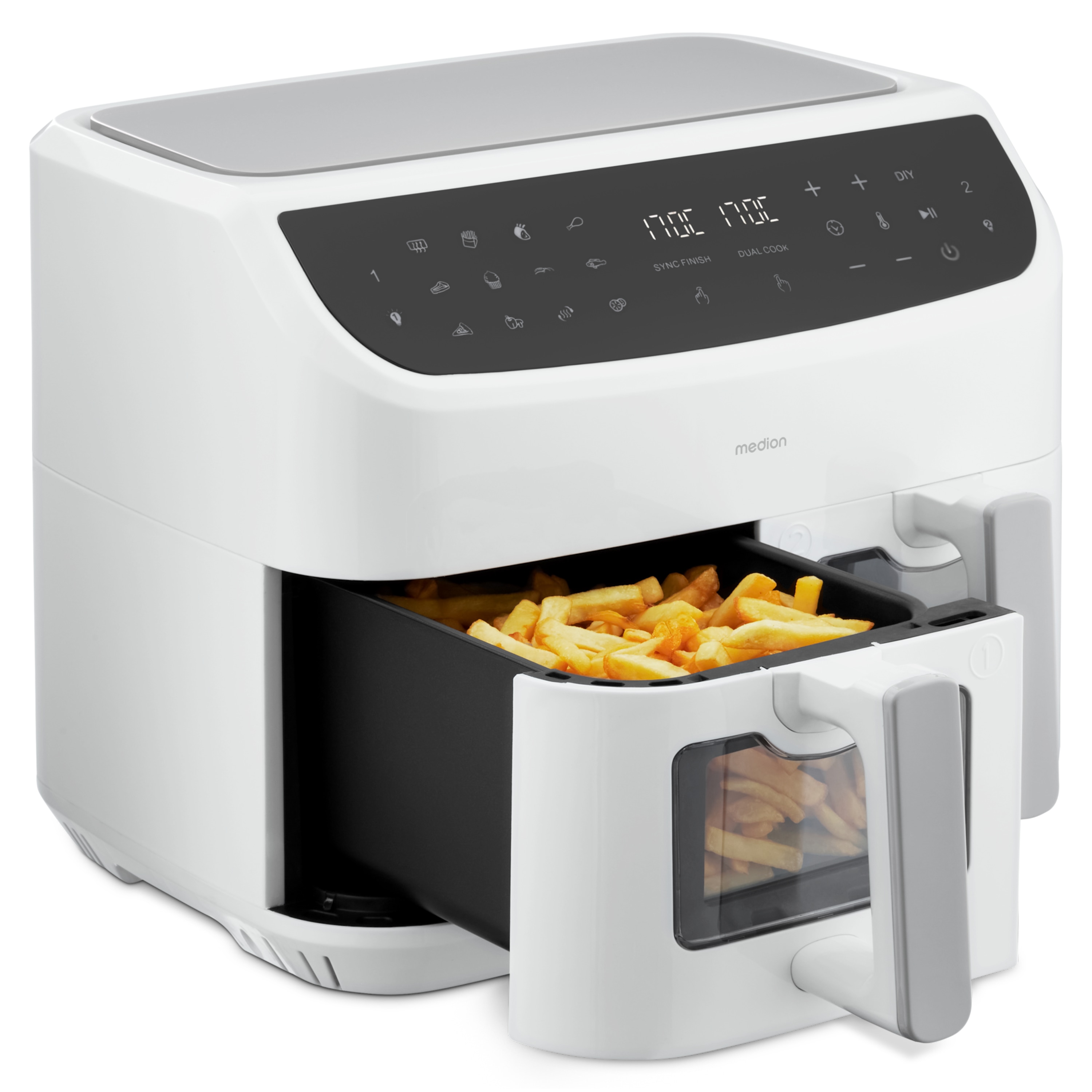 MEDION® LIFE® P20 XXL Twin Doppelzonen-Heißluftfritteuse MD 11760, 100 Rezepte in der Life+ App, 2 separate Garzonen, 9 Automatikprogramme, 8,7 L Gesamt-Nutzinhalt, 2.600 Watt, Temperatur einstellbar bis 200 °C