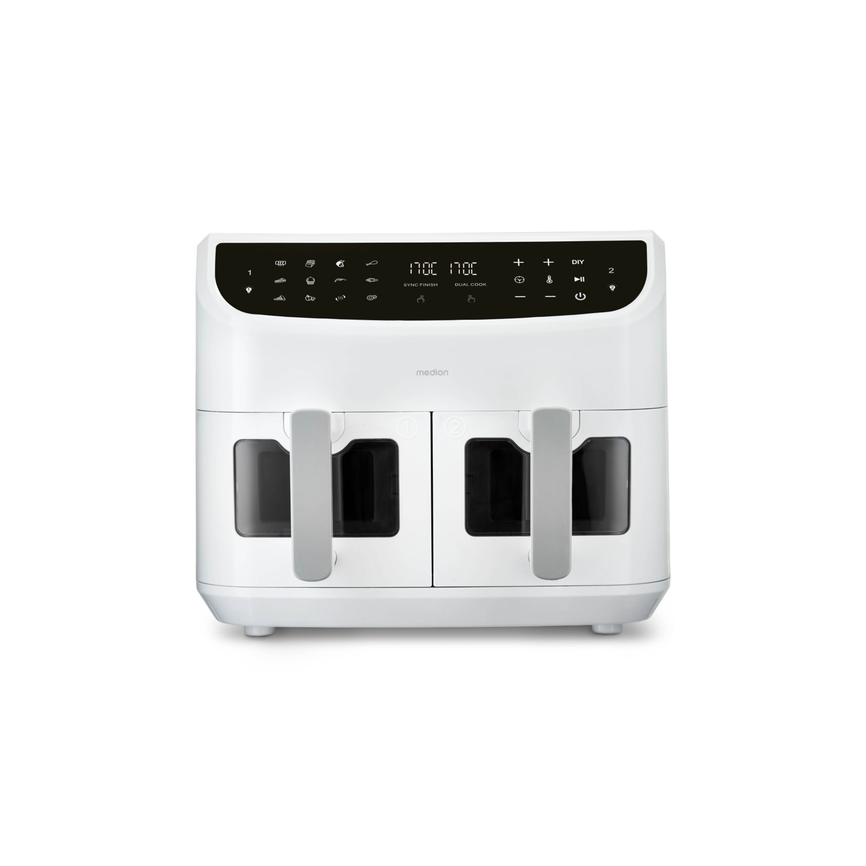 MEDION® LIFE® P20 XXL Twin Doppelzonen-Heißluftfritteuse MD 11760, 100 Rezepte in der Life+ App, 2 separate Garzonen, 9 Automatikprogramme, 8,7 L Gesamt-Nutzinhalt, 2.600 Watt, Temperatur einstellbar bis 200 °C