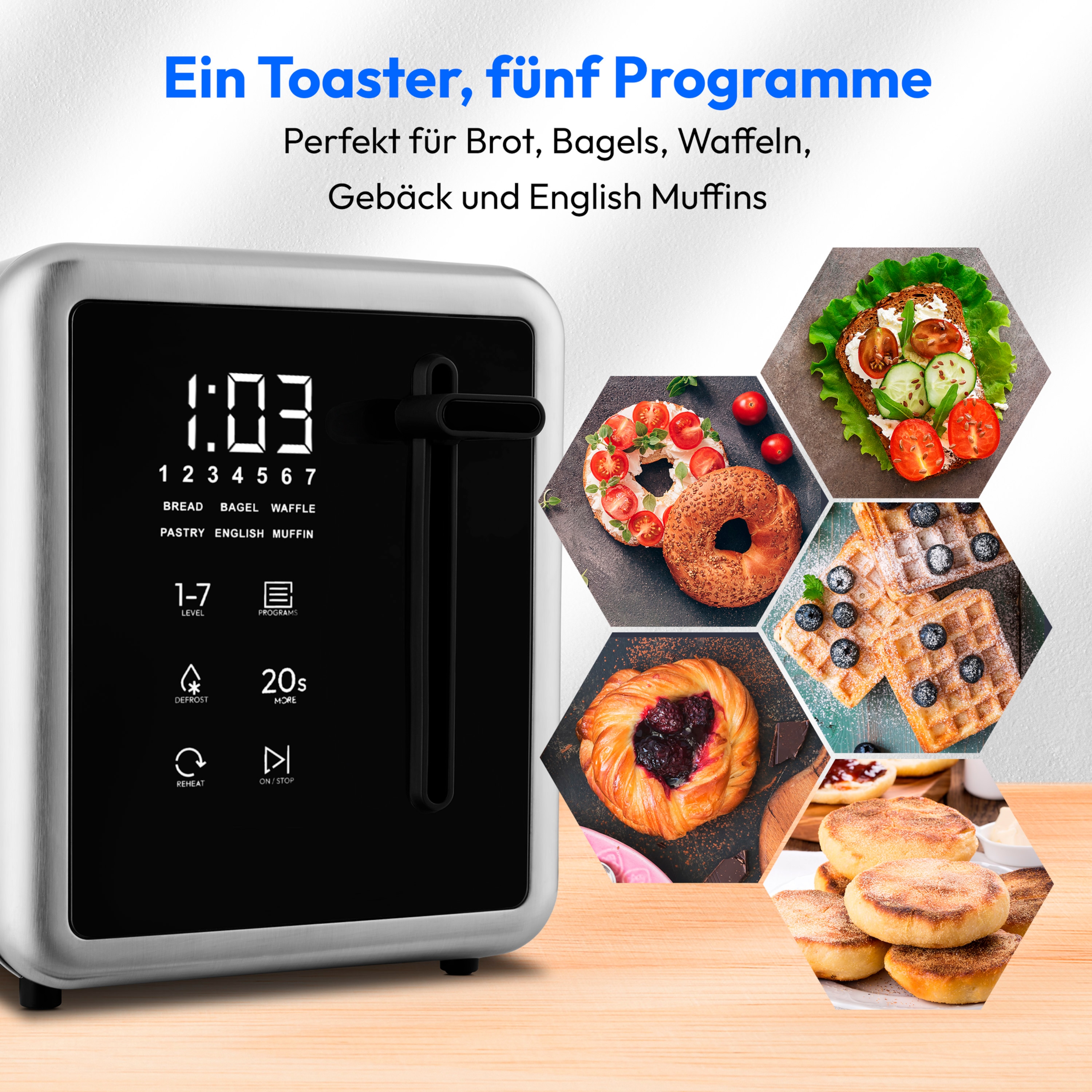 MEDION® MEDION LIFE Toaster MD12103, 2 lange Toastschlitze für bis zu 4 Toasts, LED Sensor-Touch-Display, 7 Bräunungsstufen und 5 Automatikprogramme
