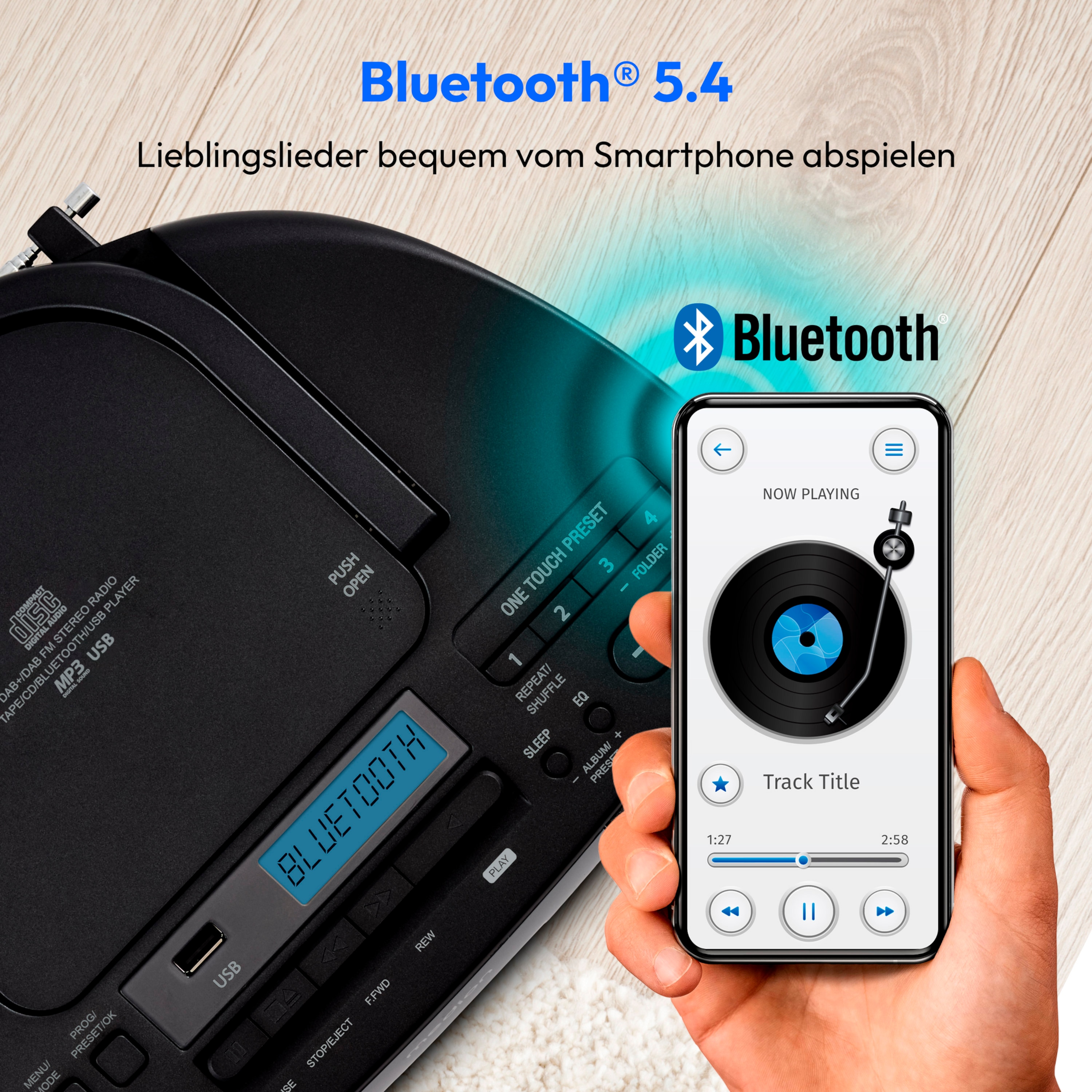 MEDION® LIFE® DRX-1 Plus Boombox, DAB+/PLL-UKW-Stereo Radio, Bluetooth® 5.4, CD-Kassetten-Radio mit MP3-Wiedergabe, USB Anschluss, CD-R/RW kompatibel, AUX-In, 2 x 3 W RMS