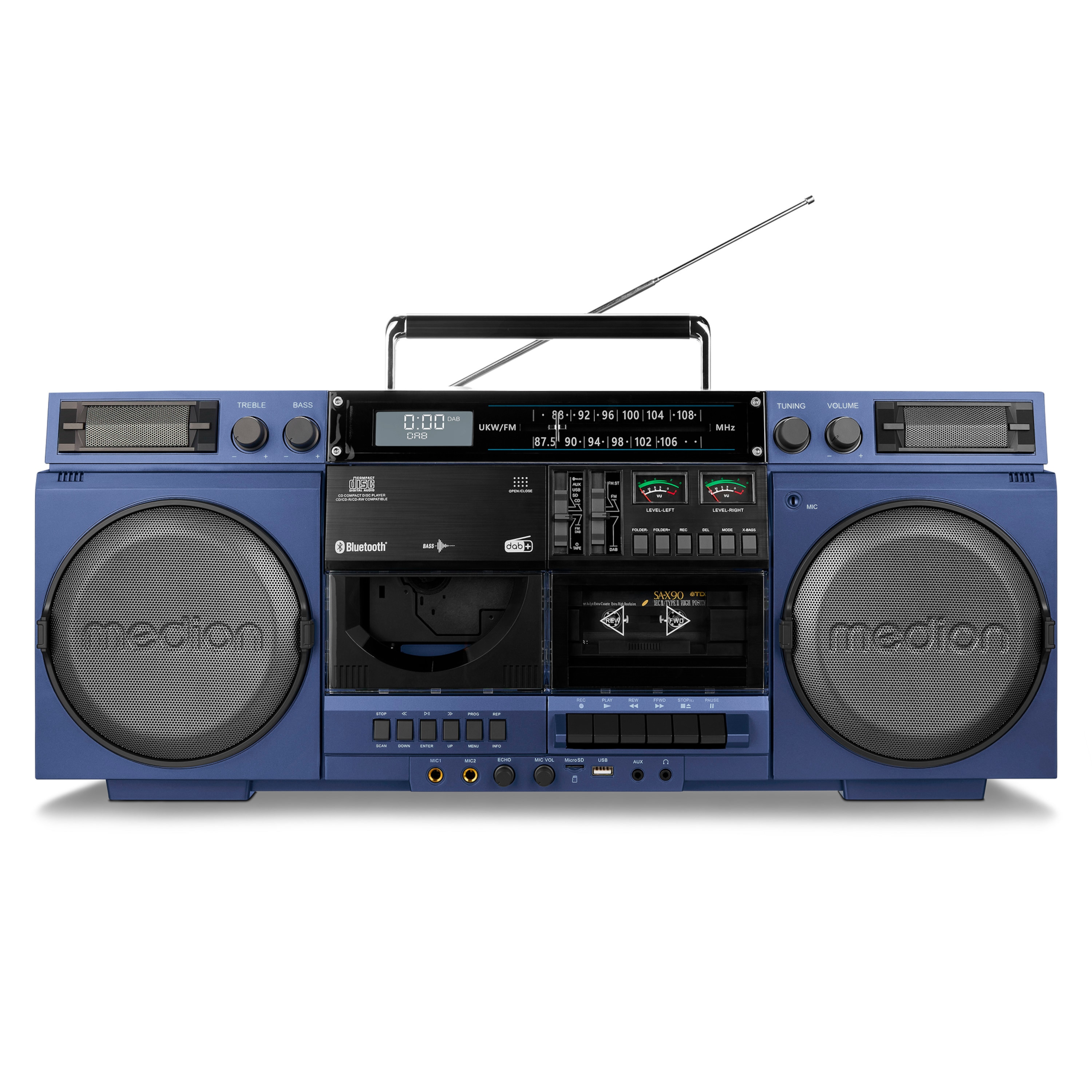 MEDION® LIFE® P66538 Retro-Boombox, DAB+/PLL-UKW Radio, Bluetooth® 5.3 für das Abspielen von Smartphone & Co, CD-Player, Kassettendeck, X-Bass Funktion, 2 x 10 W RMS