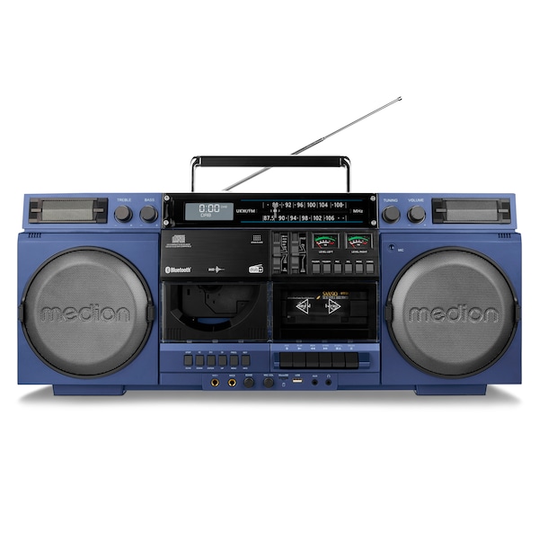 MEDION® LIFE P66538 Retro-Boombox blau, DAB+/PLL-UKW Radio, Bluetooth® 5.3 für das Abspielen von Smartphone & Co, CD-Player, Kassettendeck, X-Bass Funktion, 2 x 10 W RMS