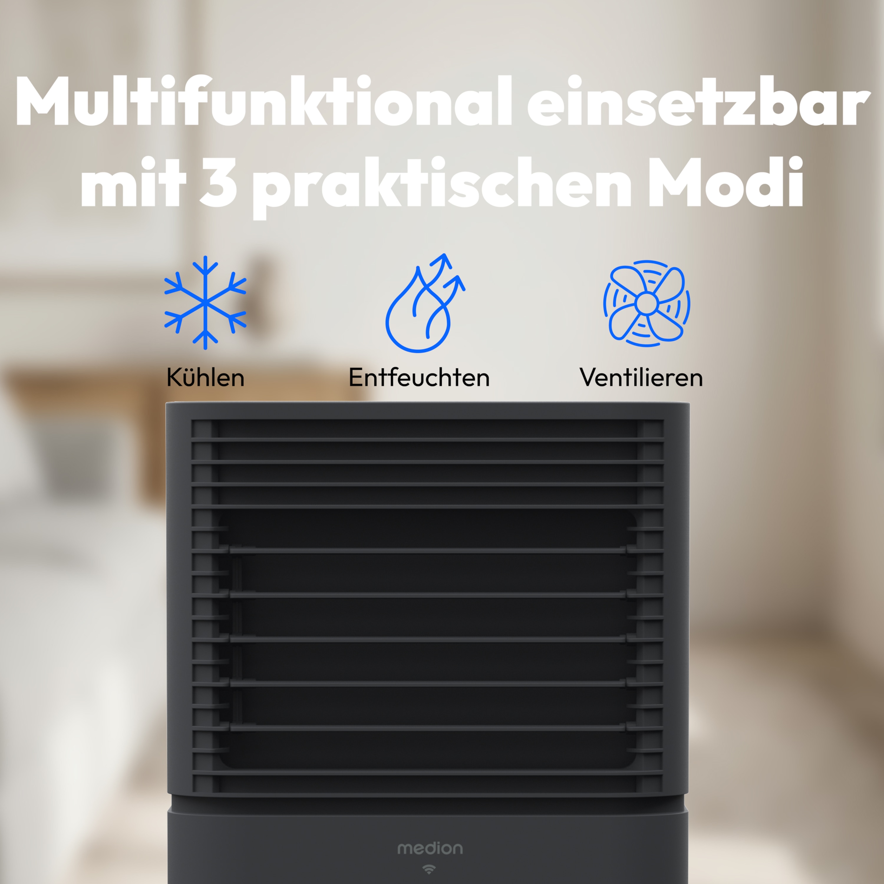 MEDION® LIFE® P701 Klimaanlage (MD 37672), Kühlen, Entfeuchten und Ventilieren, Kühlleistung 7.000 BTU, Kühlmittel R290, max. 25m², Luftdurchsatz 290 m³/h, App- und Sprachsteuerung, Inkl. Fenster-Kit