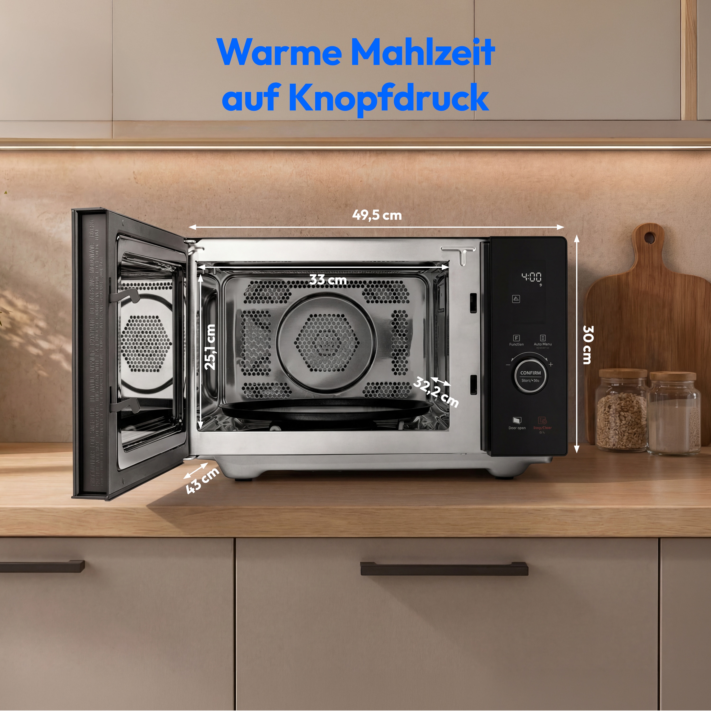 MEDION® LIFE 4 in 1 Mikrowelle MD12041, 900 Watt Mikrowellenleistung, 1100 W Obergrillleistung, 500 W Untergrilleistung, 2100 W Heißluftfunktion, 2 Heizelemente, Sensor-Touch-Türöffnung, 11 Automatikprogramme, 25 L Kapazität, 10 Leistungsstufen