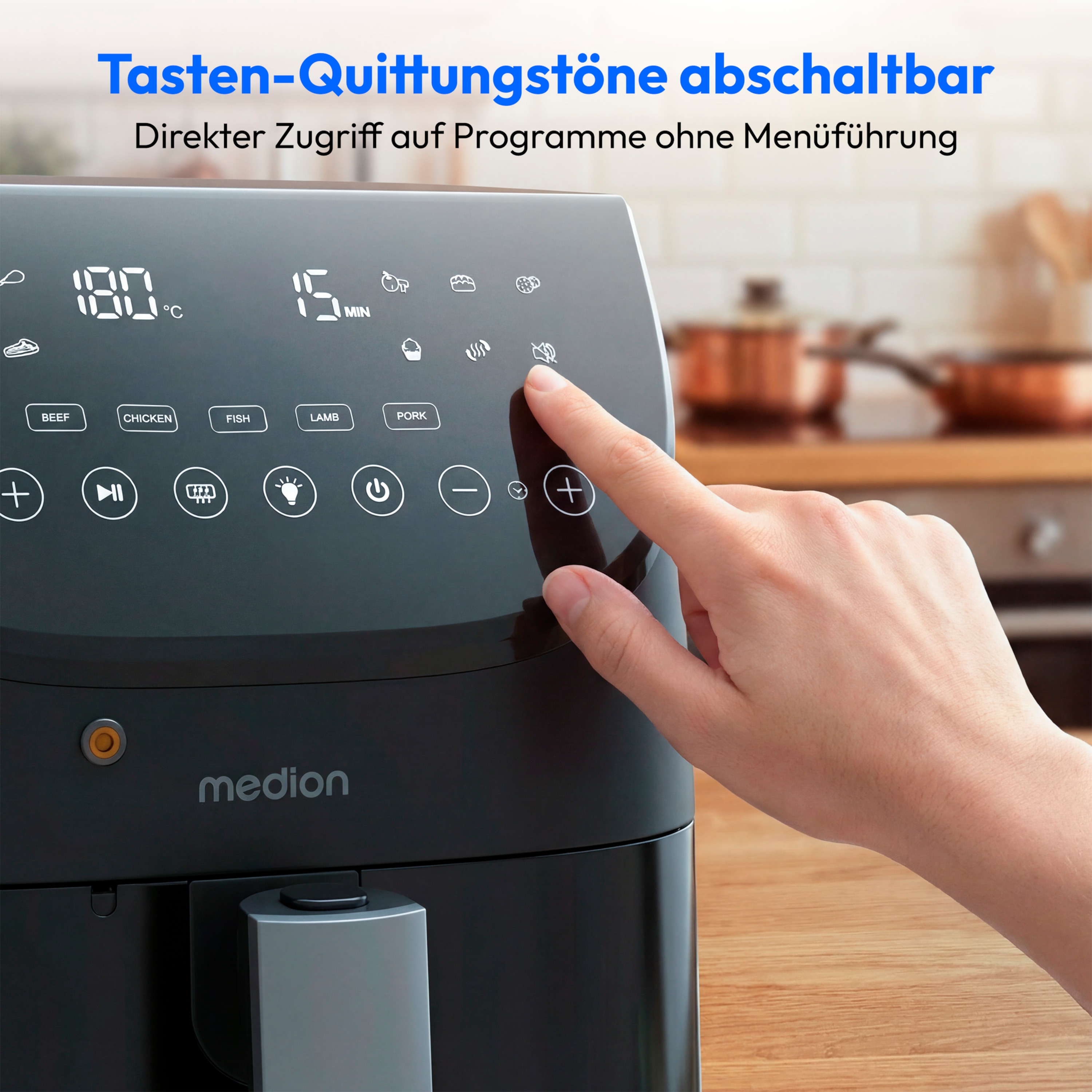MEDION® LIFE Heißluftfritteuse X20 XL (MD13060), Temperaturfühler, MEDION Life+ App, Touch-Sensor- Bedienfeld, 6,6 L Fassungsvermögen, 10 Automatikprogramme, 5 Fleischprogramme