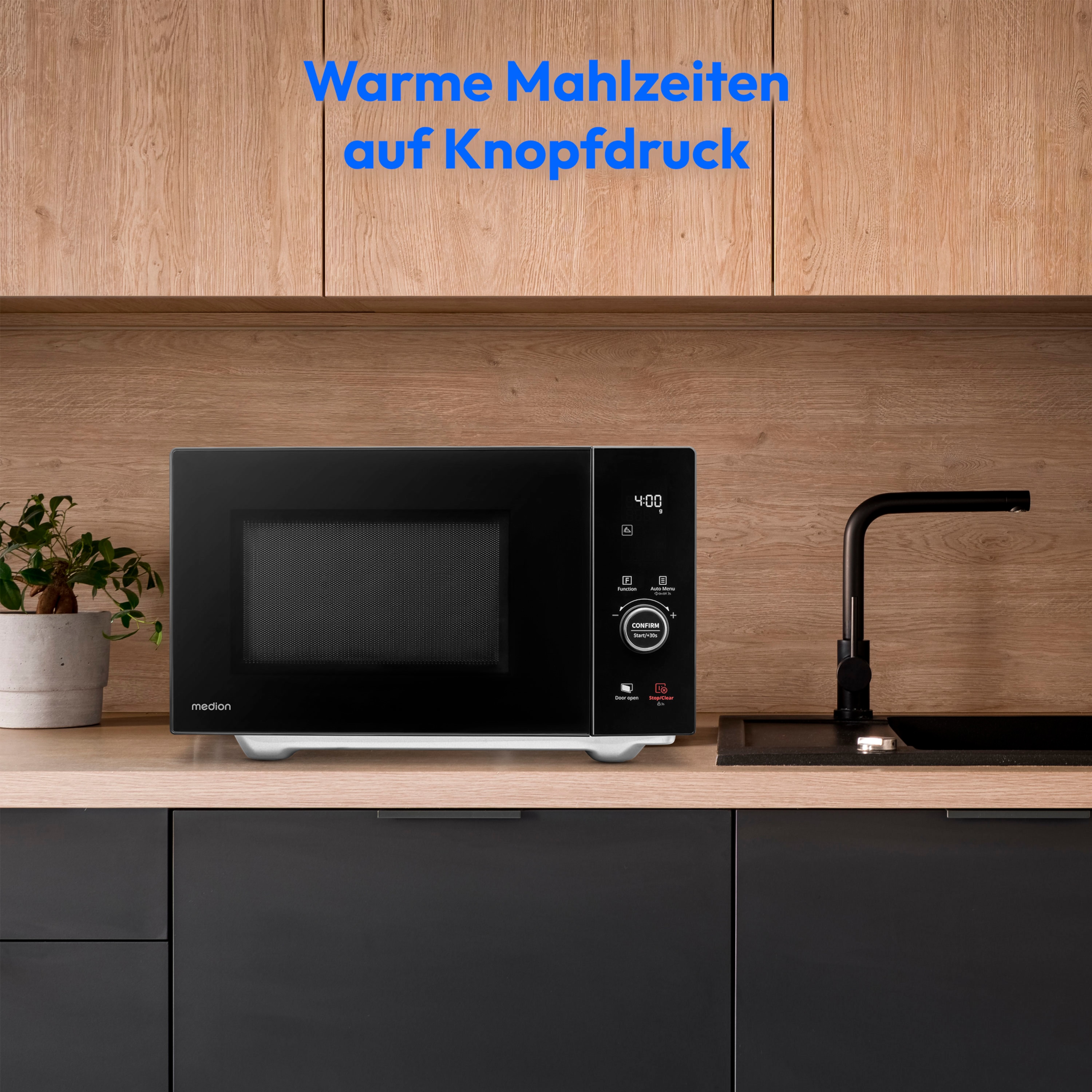 MEDION® LIFE® 4 in 1 Mikrowelle MD12041, 900 Watt Mikrowellenleistung, 1100 W Obergrillleistung, 500 W Untergrilleistung, 2100 W Heißluftfunktion, 2 Heizelemente, Sensor-Touch-Türöffnung, 11 Automatikprogramme, 25 L Kapazität, 10 Leistungsstufen